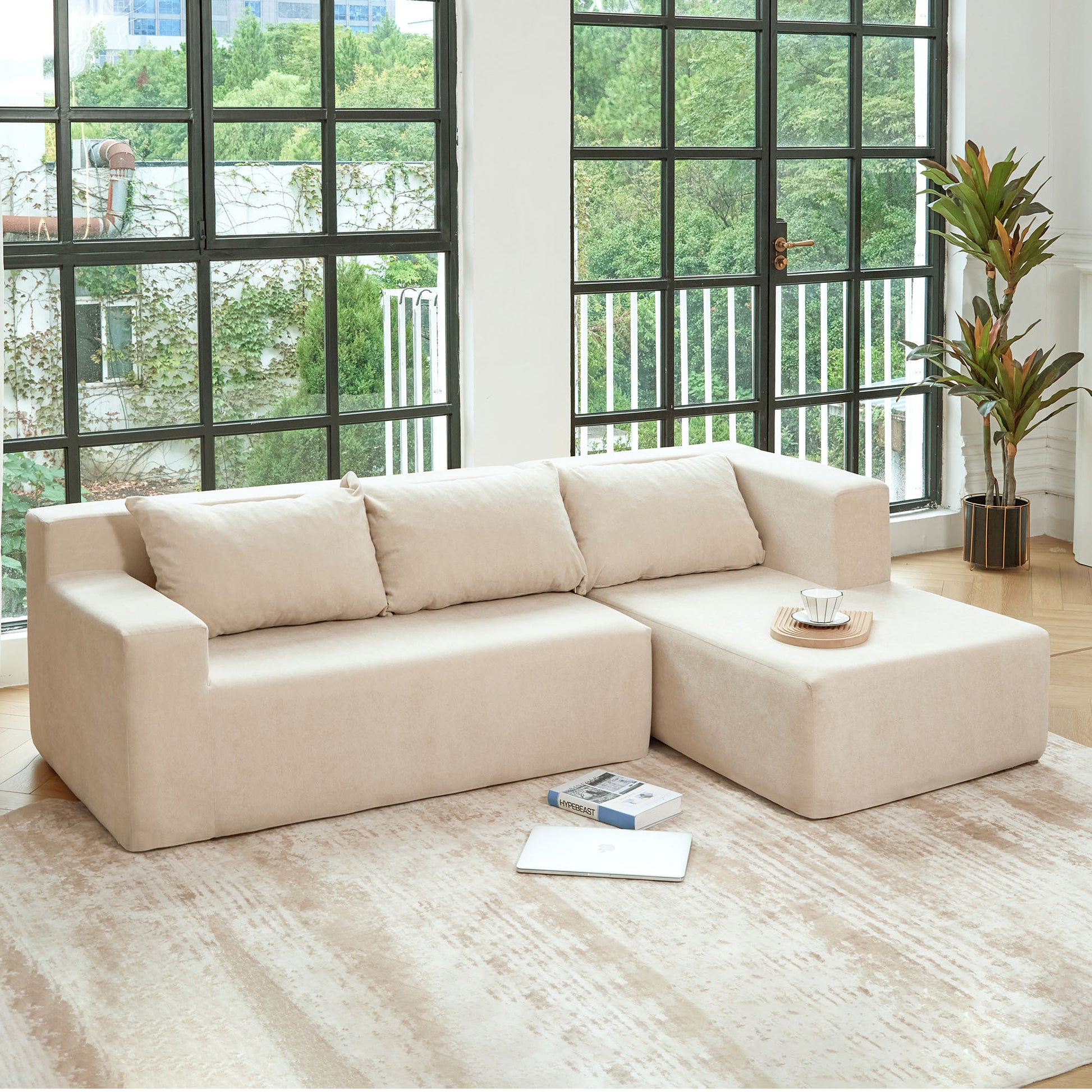 Video Compressed Modern Modular Sectional Sofa, L Shaped Couch Minimalist 2 Pieces Cloud Couch Foam Sofa With Pillows For Living Room Apartment, No Assembly Required Khaki Polyester Medium Firm Cushion Back L Shaped Square Arms Canvas 3 Seat