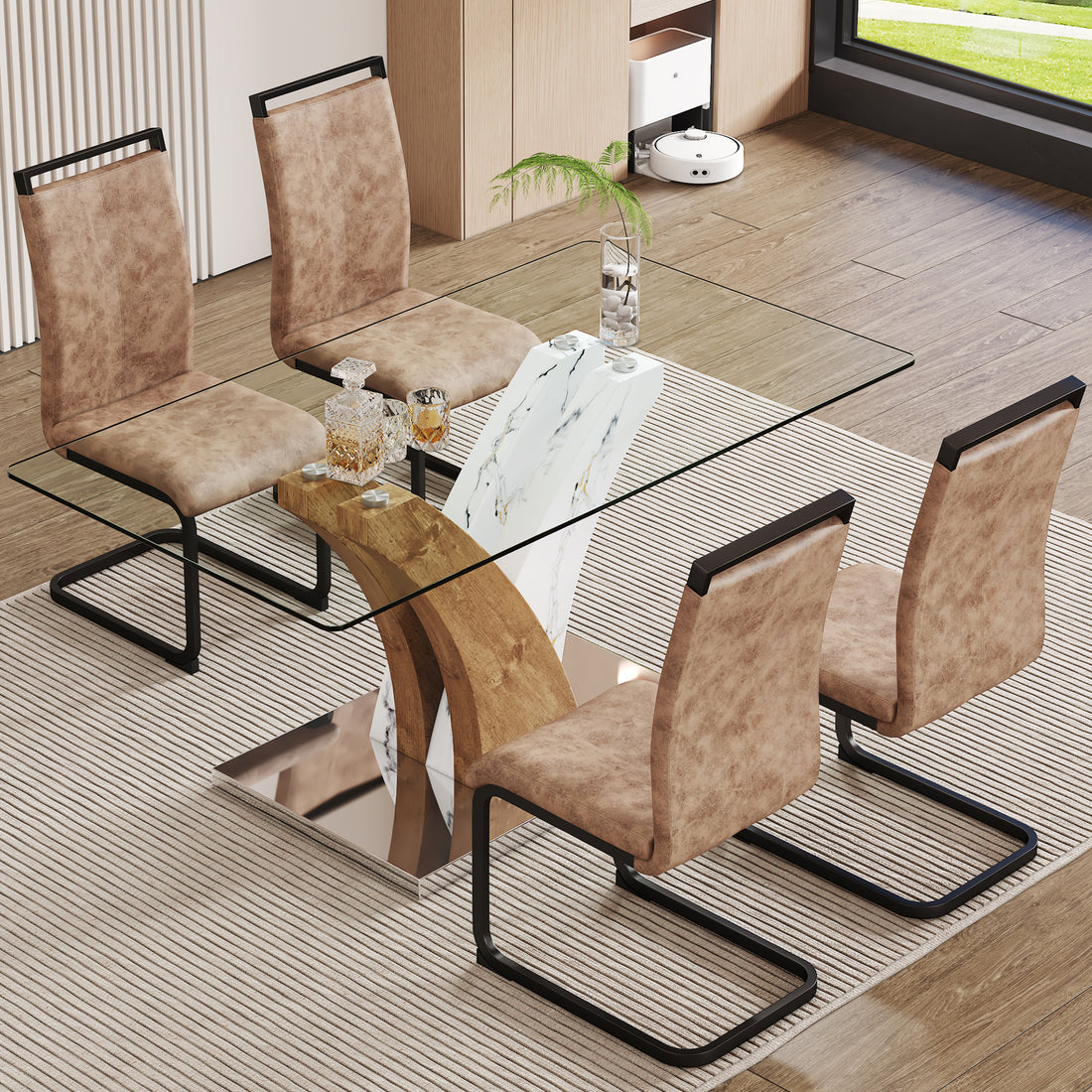Table And Chair Set.Modern Dining Table, Tempered Glass Countertop With Artistic Mdf Legs.Paried With 4 Comfortable Chairs With Pu Seats And Metal Legs. Suitable For Various Decoration Styles. Black Brown,Transparent Seats 4 Mdf Metal