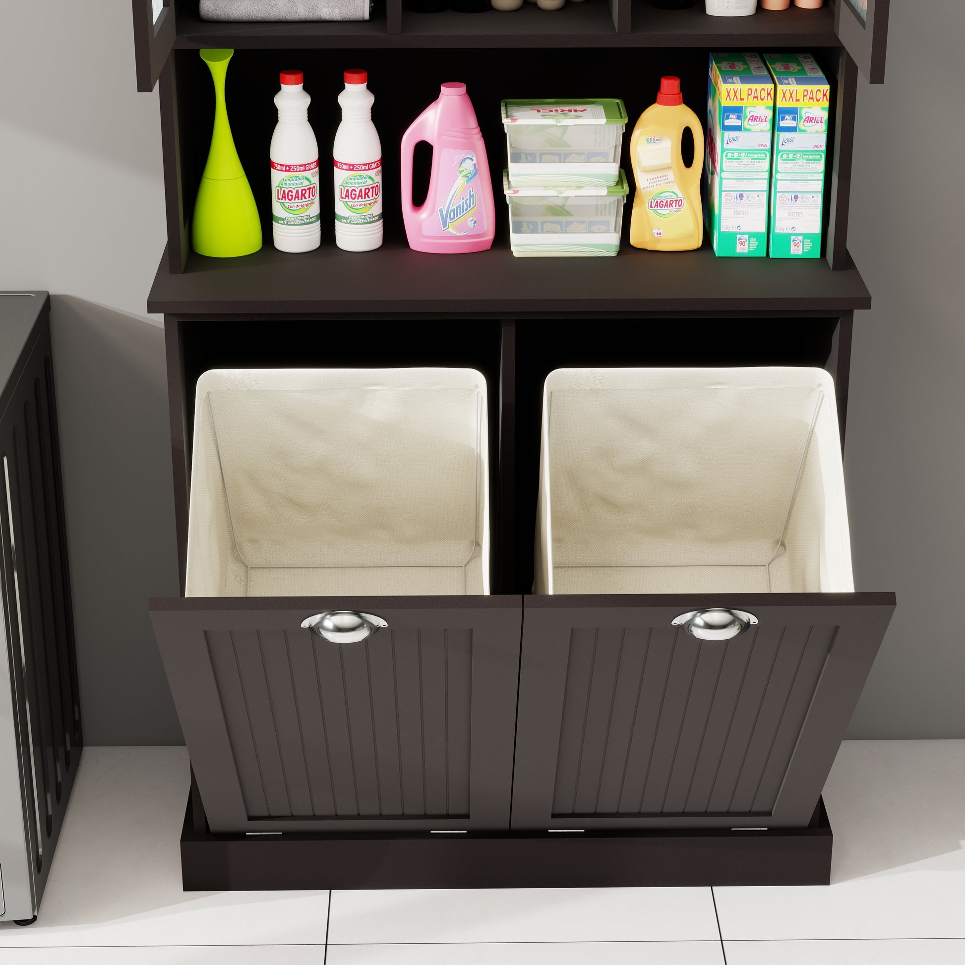 Two Compartment Tilt Out Dirty Laundry Basket Tall Bathroom Cabinet With 2 Adjustable Shelves Black Black Mdf