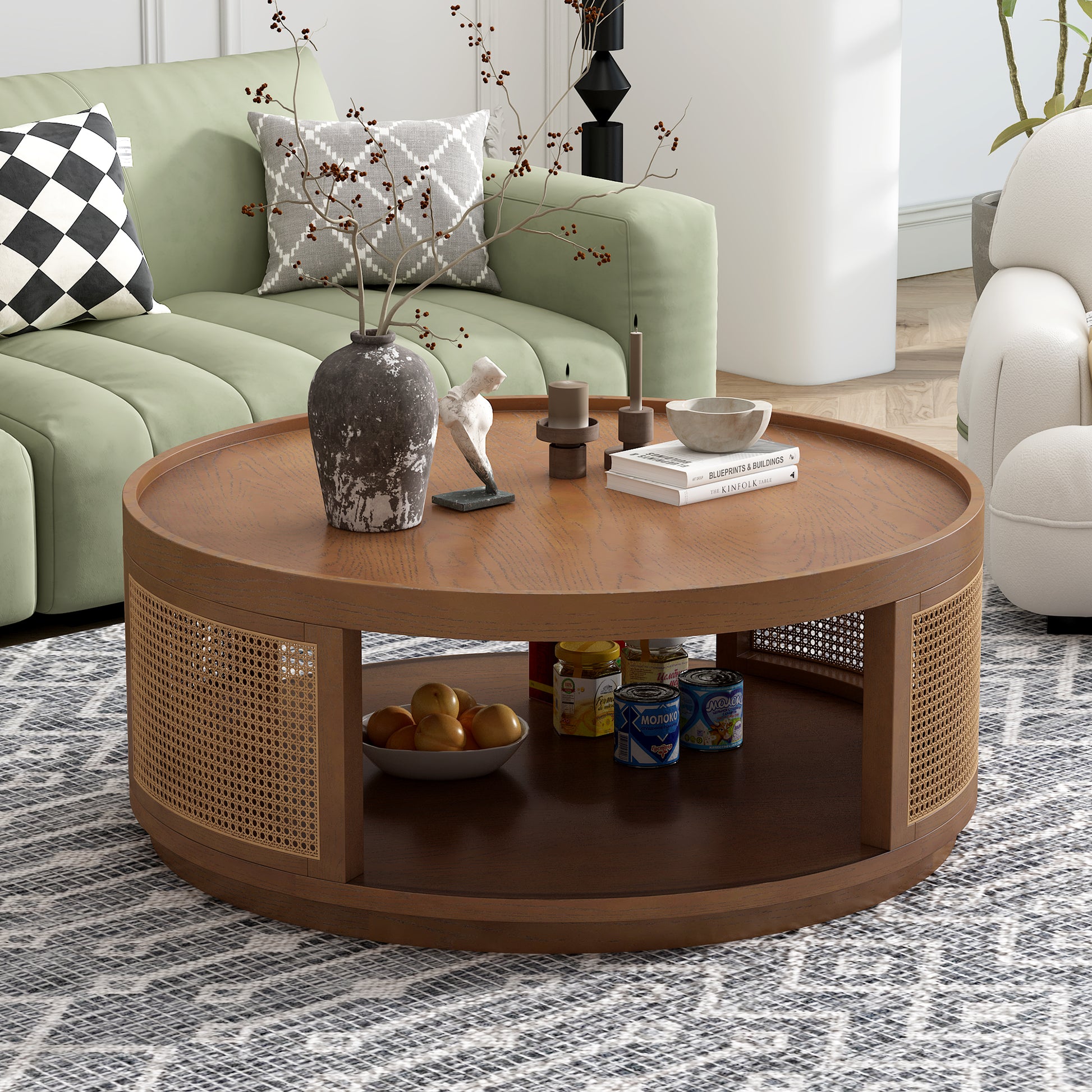 37'' Wooden Mid Century Modern Coffee Table, Round Cane Coffee Table With Pe Rattan Side For Living Room,Brown Brown Mdf