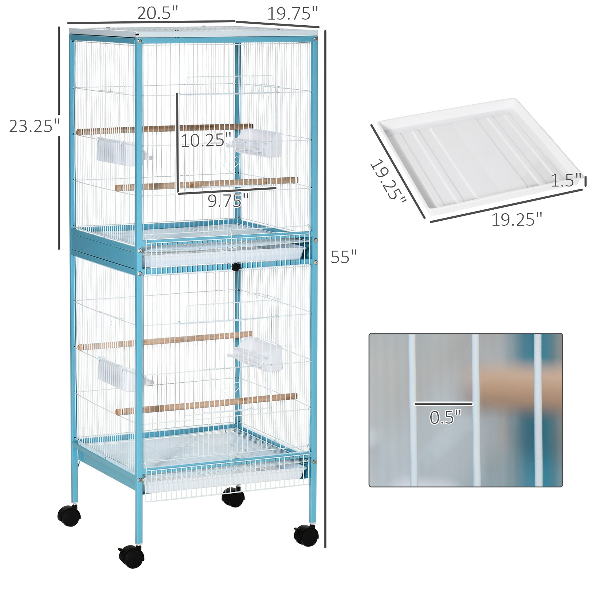 Pawhut Large Bird Cage With 1.7 Ft. Width For Wingspan, Bird Aviary Indoor With Multi Door Design, Fit For A Canary, Finch, Conure, 55", Light Blue Light Blue Steel