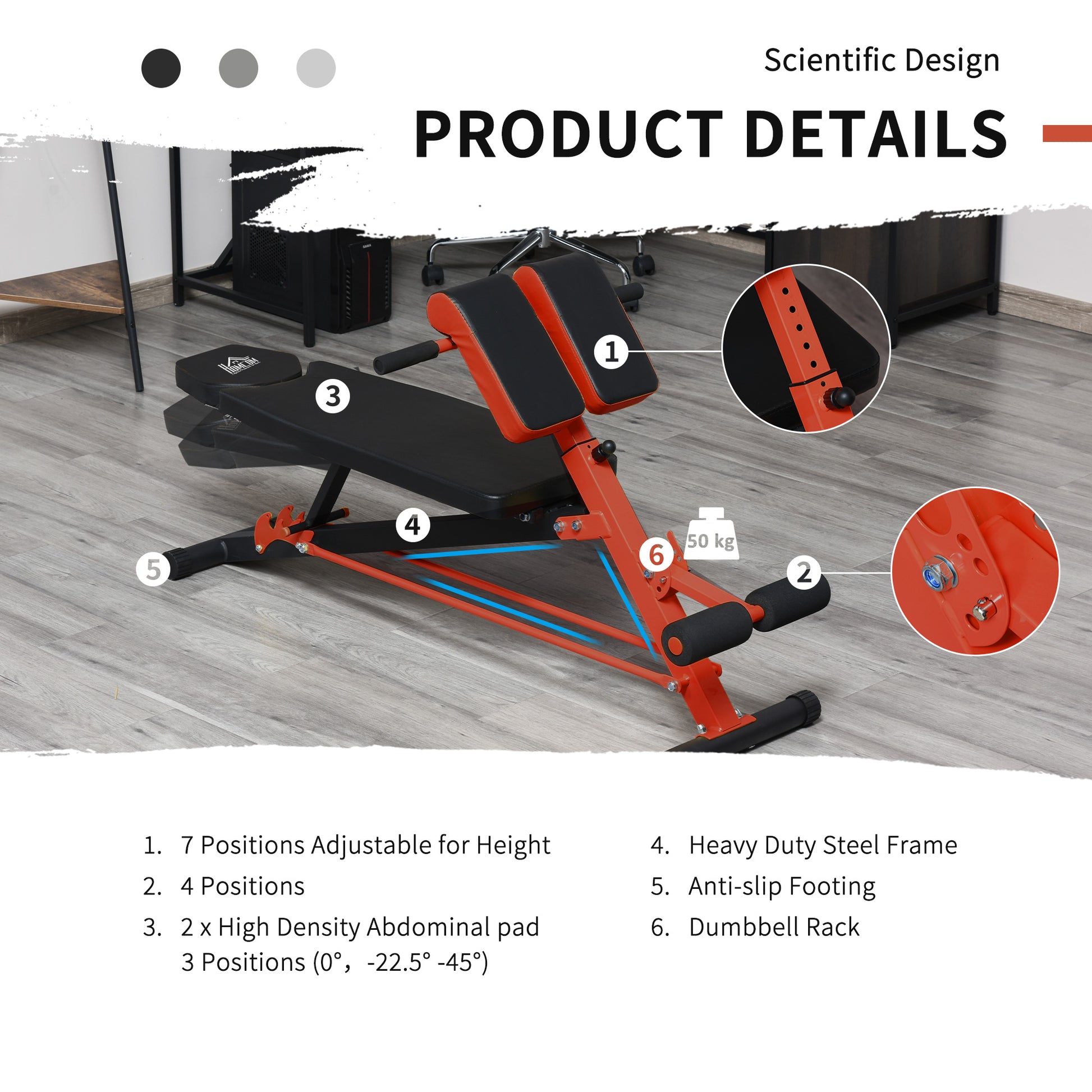 Soozier Adjustable Hyper Extension Dumbbell Weight Bench, Foam Leg Holders, Exercise Abs, Arms, Core, Strength Workout Station For Home Gym, Red Black Red Steel