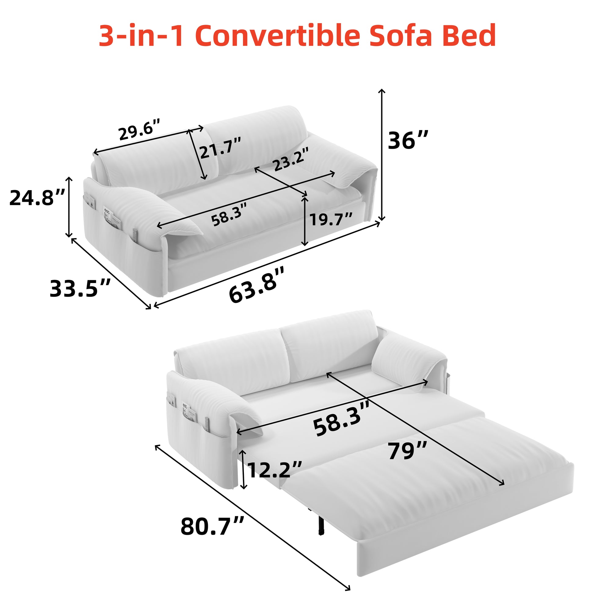 63.8" Queen Pull Out Sofa Bed, 3 In 1 Convertible Sleeper Sofa With Side Storage,Multi Functional Velvet Loveseat Bed For Living Room,Bedroom,Apartment,Office,Black Old Sku:W1885P151441 W1885P154638