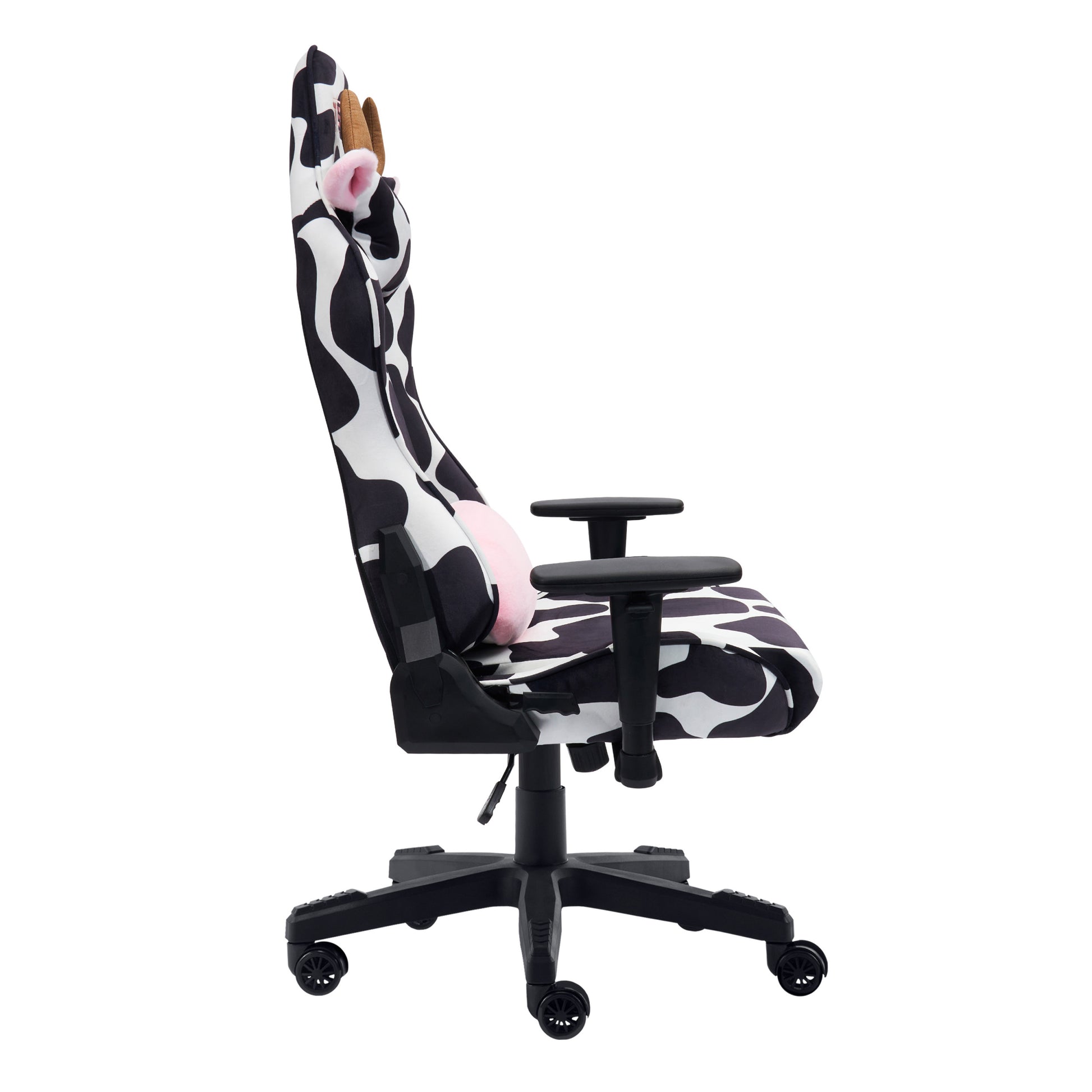 Ts85 Cow Print Luxx Series Gaming Chair Caster Nylon Black White Office Spot Clean Rectangular Modern Handle Office Chairs Solid Back Fabric Metal