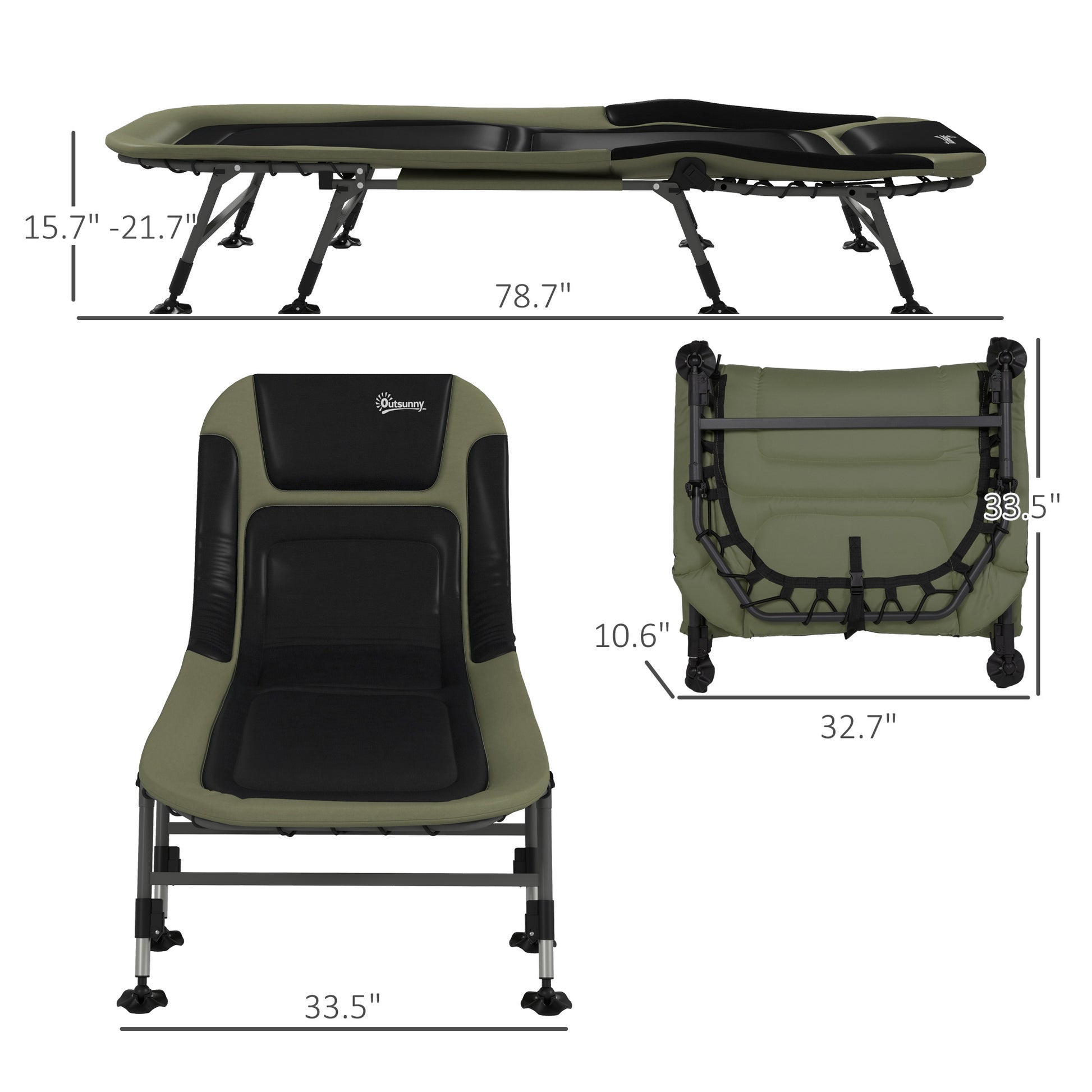 Outsunny Camping Cot For Adults, Folding Bed With Soft Padded Cushions & Headrest, 180 Adjustable Reclining Lounger, Heavy Duty And Portable With A 400 Lbs. Capacity, Dark Green Dark Green Oxford Fabric