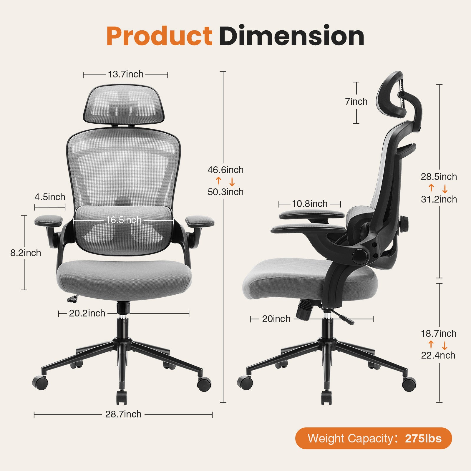 High Back Desk Chair With Adjustable Lumbar Support & Headrest,Comfortable Mesh Computer Chair With Soft Flip Up Arms, Adjustable Height And 120 Tilt,Gray Gray Abs Pc