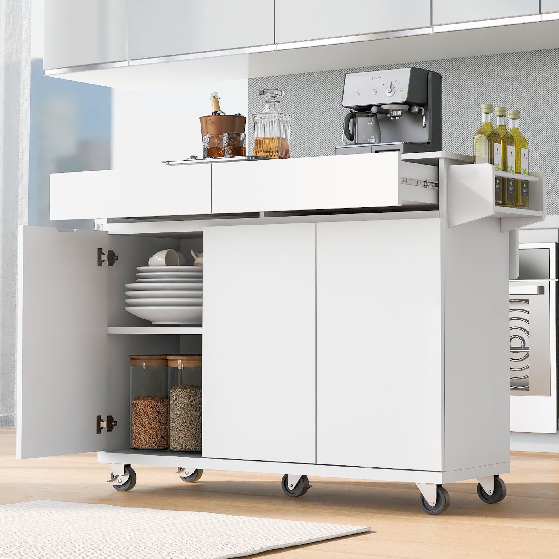 K&K 53.2'' Kitchen Island With Drop Leaf, Kitchen Storage Cart With Spice Rack, Towel Rack And 2 Drawers, Rolling Kitchen Island On Wheels With Adjustable Shelves For Kitchen, Dining Room, White White Brown Kitchen Artsy,Casual,Classic,Minimalist,Modern