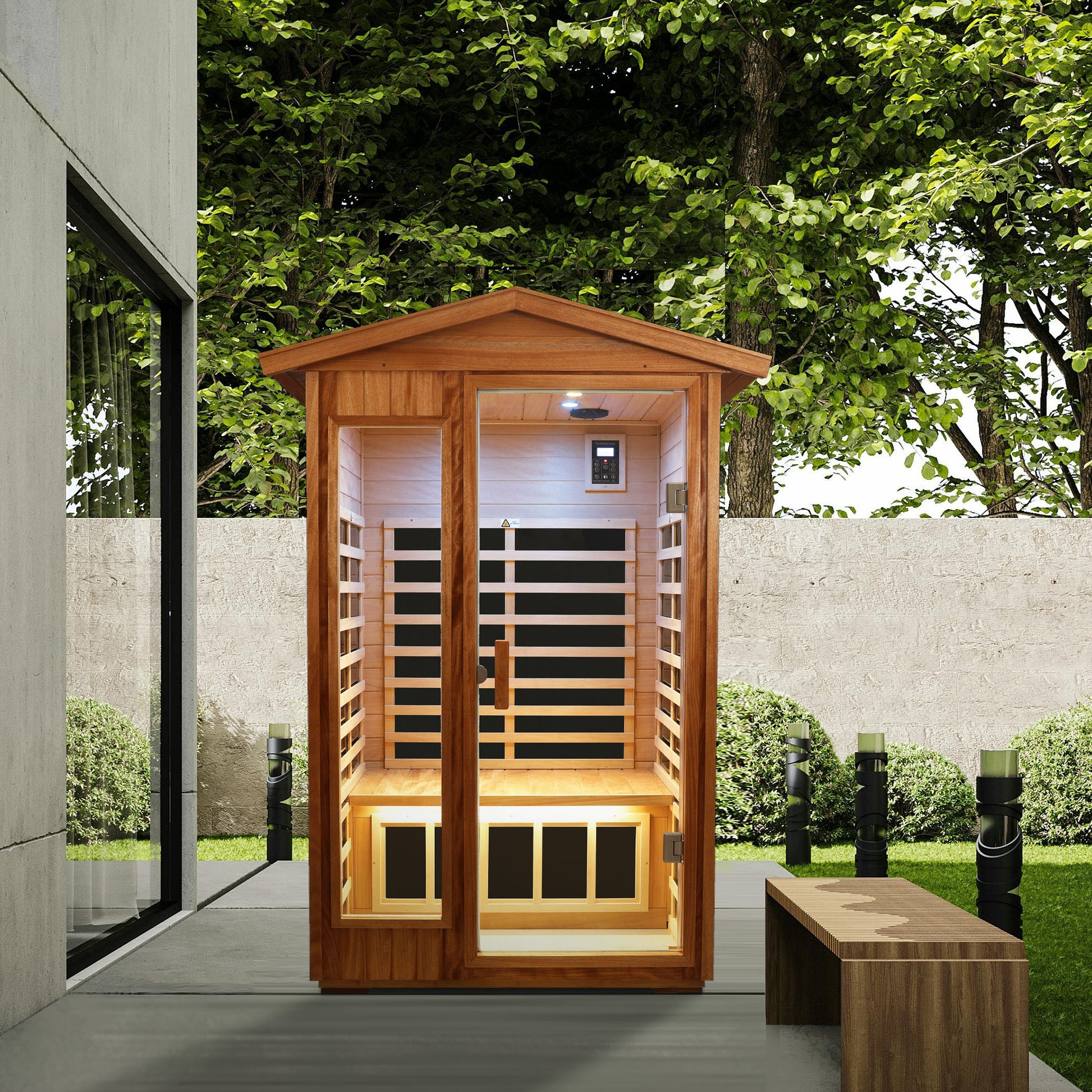 Two People Outdoor Okoume Wood Far Infrared Sauna Room Natural Wood Metal & Wood