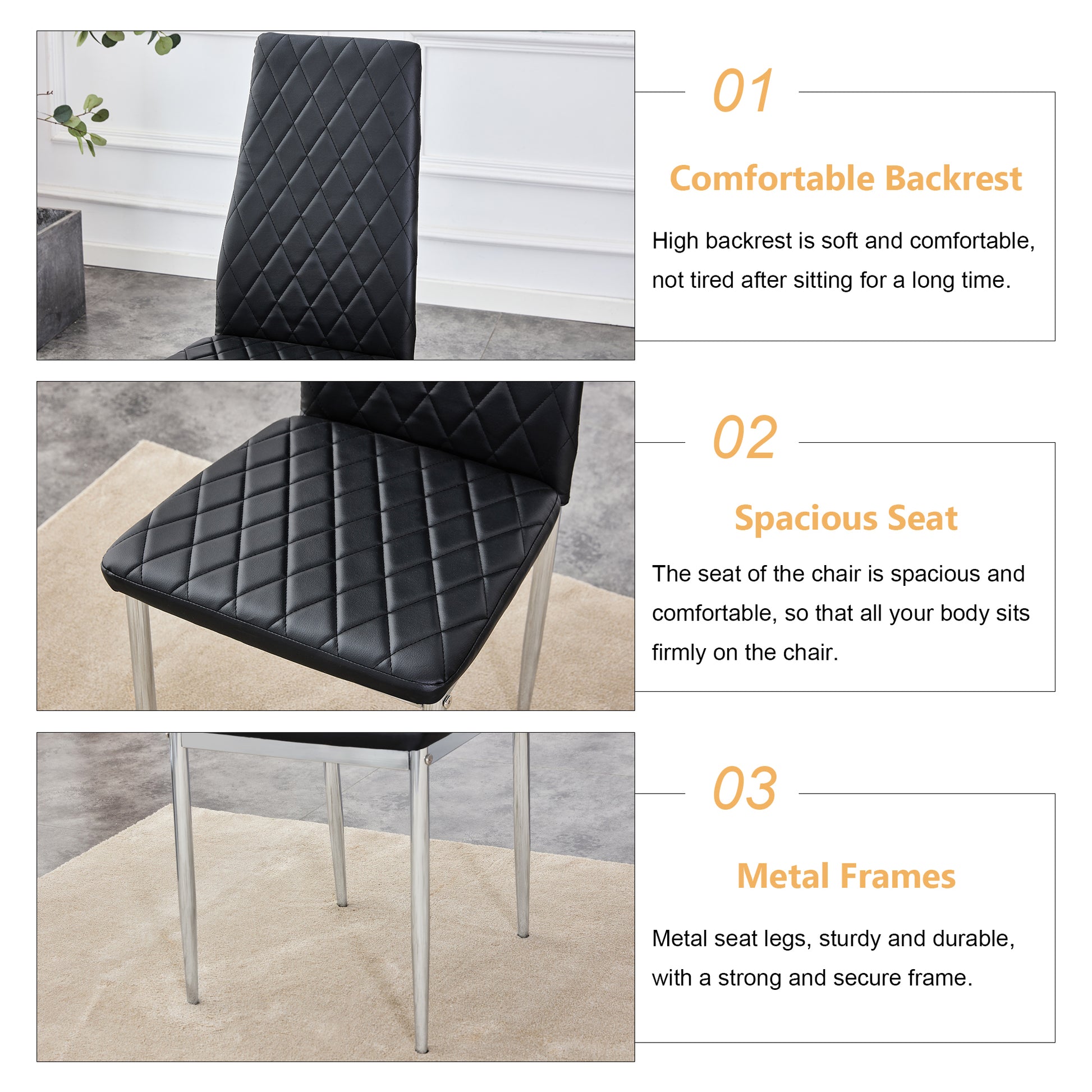 Grid Armless High Backrest Dining Chair, Black Chair And 6 Piece Set Of Electroplated Metal Legs, Office Chair. Suitable For Restaurants, Living Rooms, Kitchens, And Offices.W115163430 0924 Black Foam Pu