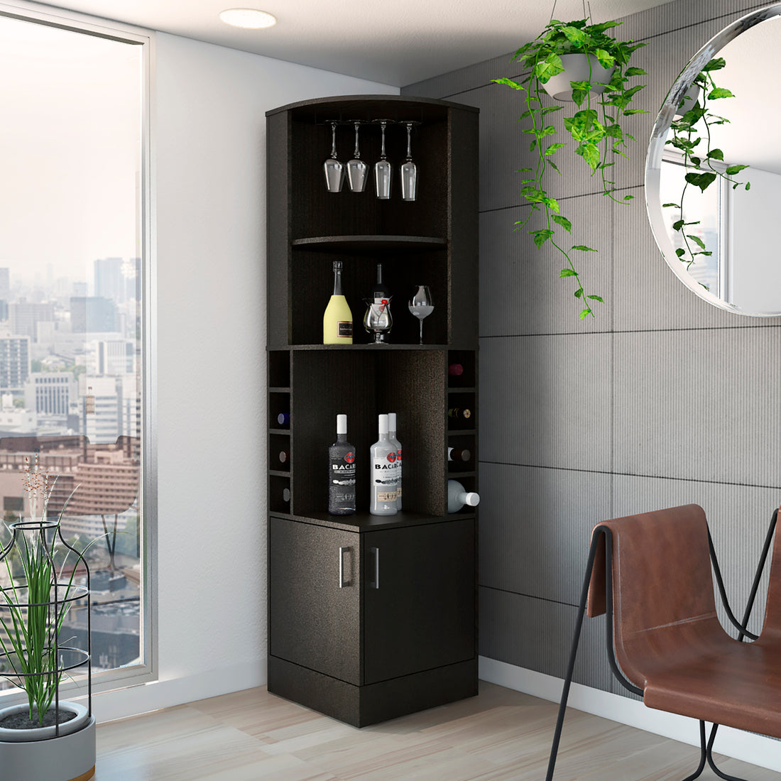 Syrah Corner Bar Cabinet, Eight Bottle Cubbies, Double Door, Two Open Shelves Black Freestanding Black Dining Room Corner Unit Modern Particle Board