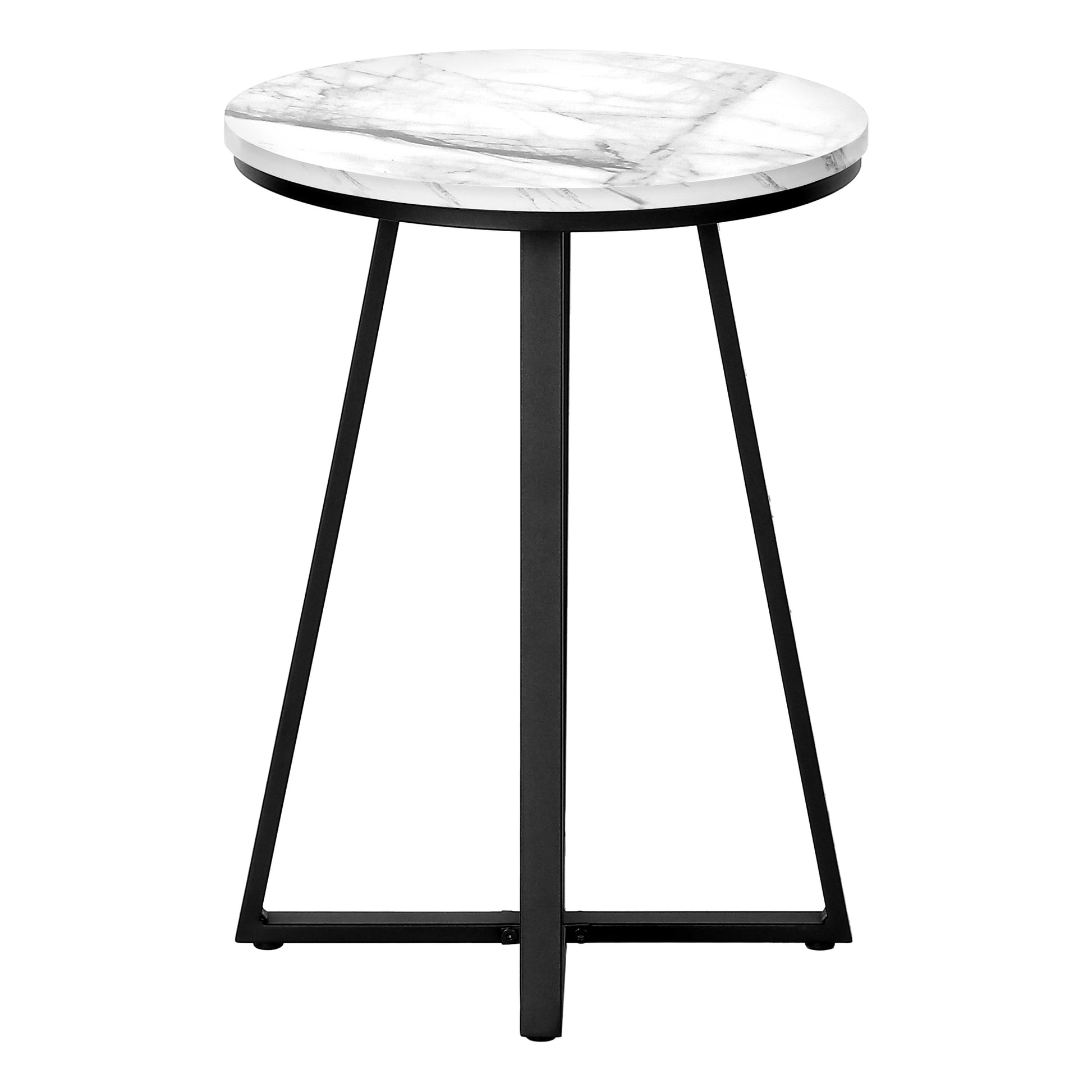 Accent Table, Side, Round, End, Nightstand, Lamp, Living Room, Bedroom, White Marble Look Laminate, Black Metal, Contemporary, Modern White Metal