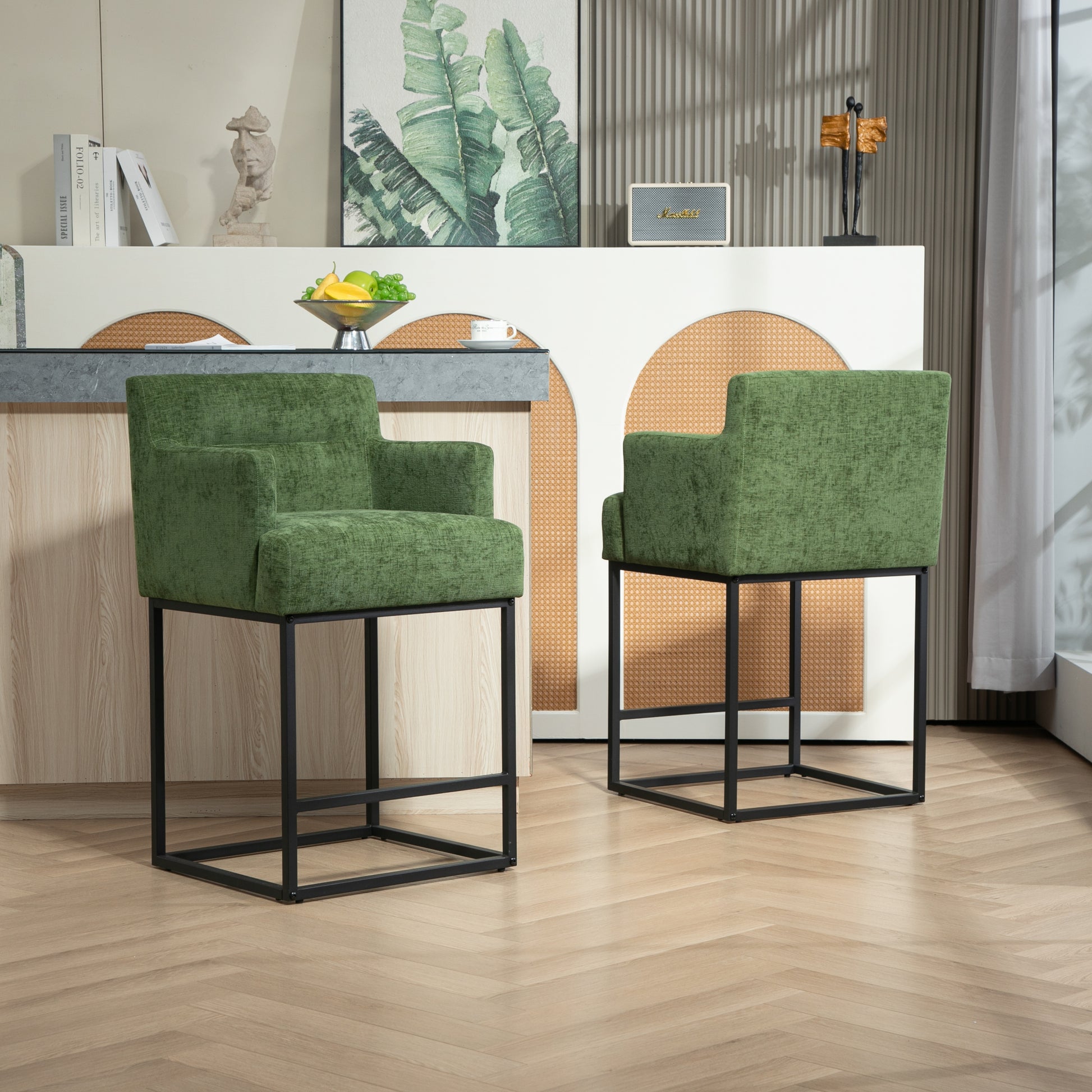 Coolmore Counter Height Bar Stools Set Of 2, Modern Barrel Bar Stool With Backrest And Arms, Black Metal Frames, Upholstered Bar Stools For Kitchen Island, Pub, Club Green Foam Chenille