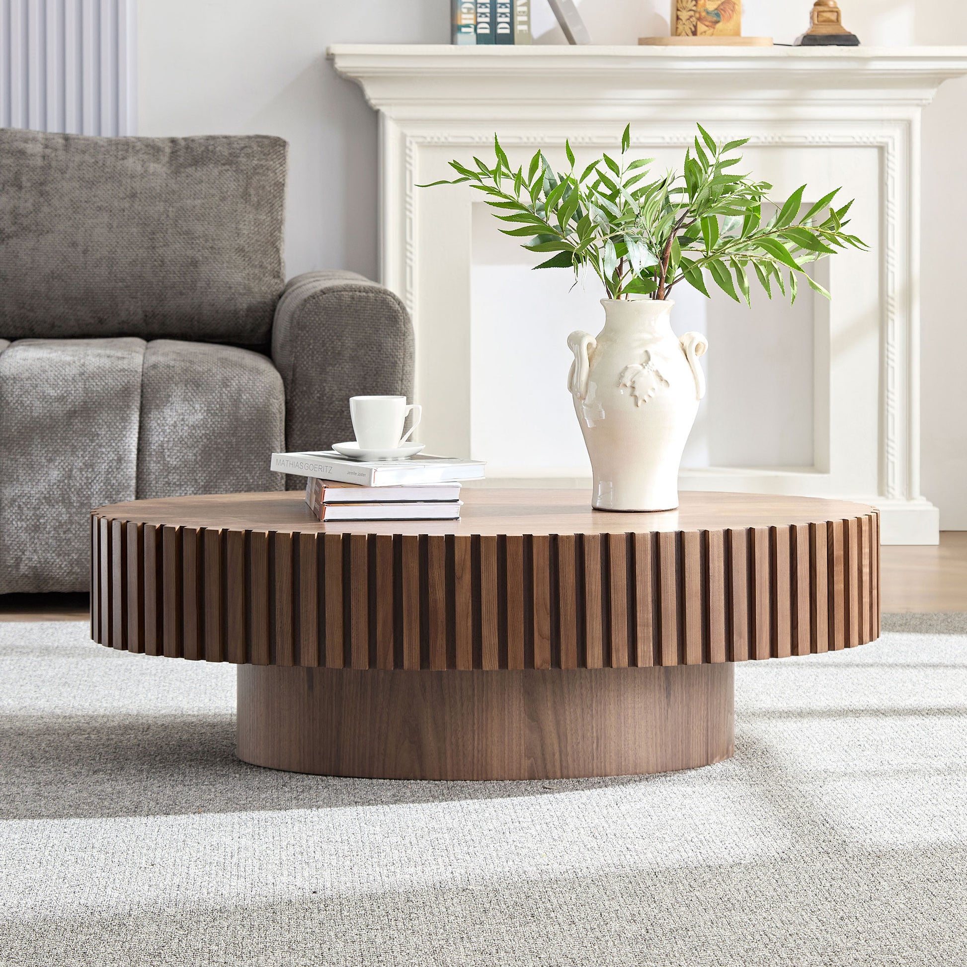 Modern Handcraft Drum Coffee Table Length 43.7 Inch Ellipse Coffee Table For Living Room,Oval Small Coffee Table With Sturdy Pedestal,Walnut Mdf Walnut Mdf