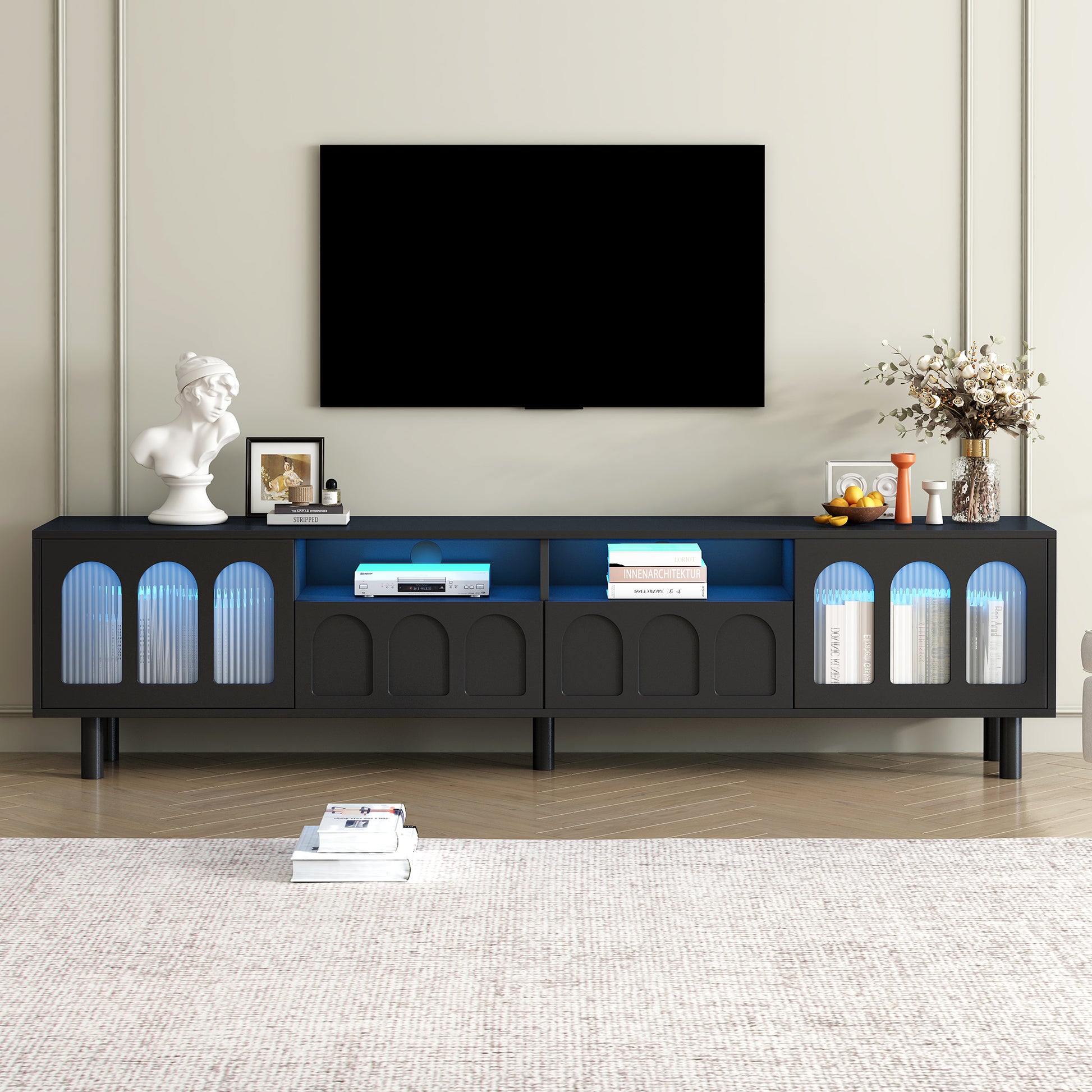 Cream Style Tv Stand With Led Light Strip For Tvs Up To 80'', Graceful Entertainment Center With 5 Solid Wood Legs, Large Storage Media Console With Fluted Tempered Glass Doors, Black Black 80 89 Inches Particle Board