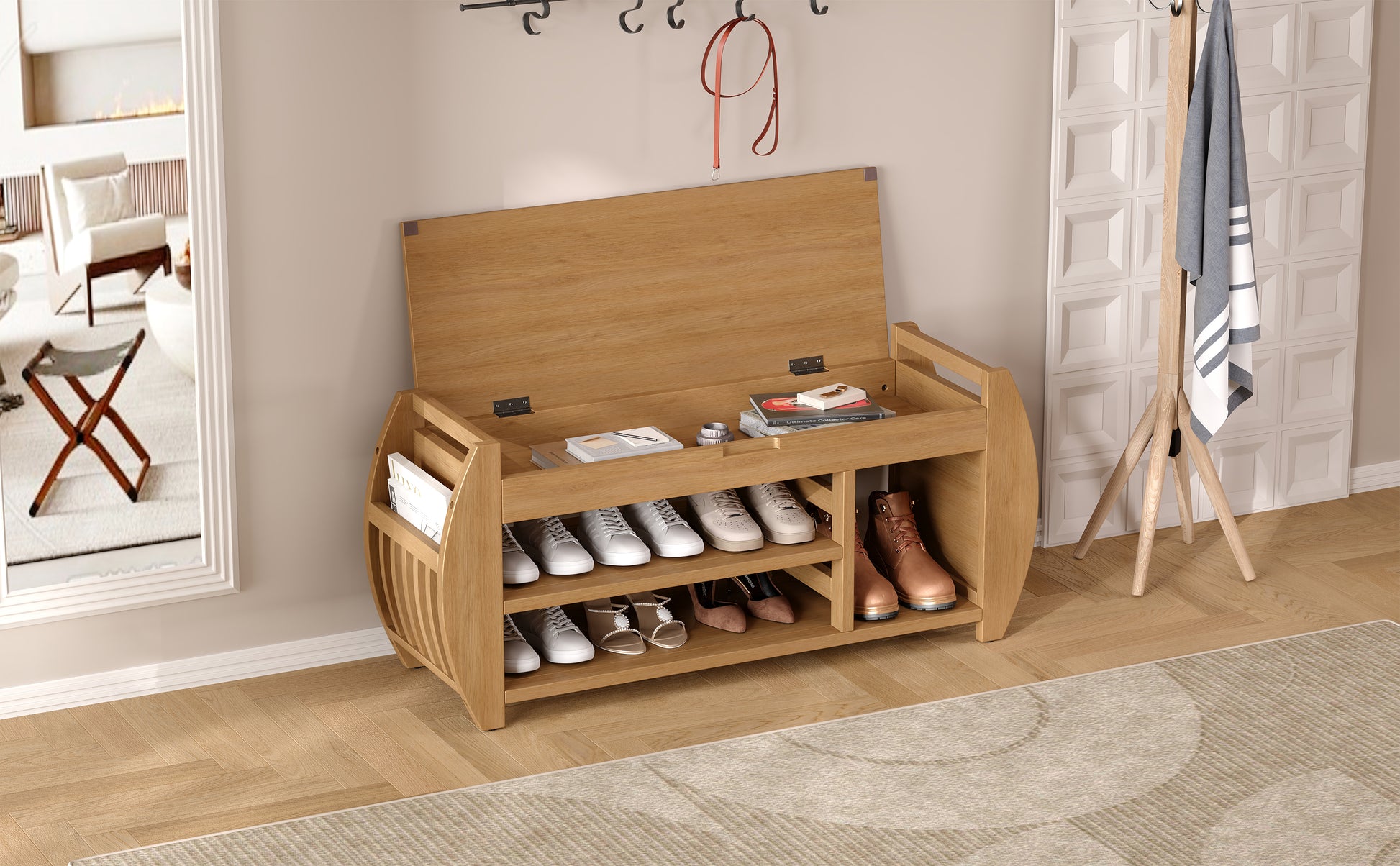 Retro Multifunctional Storage Bench With Cushion And Curved Side Panel For Entrance And Living Room Natural Natural Mdf