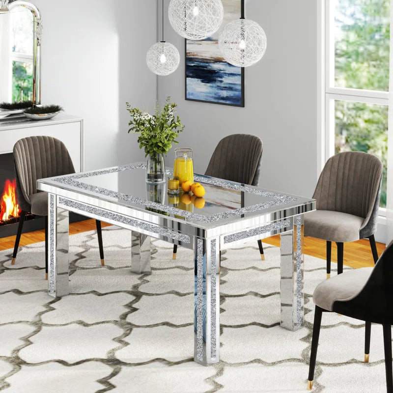 63" Glass Top Dining Table Crystal Diamond Inlay Silver Mirrored Finish Desk And Hutch Primary Living Space Modern Freestanding Rectangular Kitchen & Dining Tables Glossy Rectangular Mdf Glass