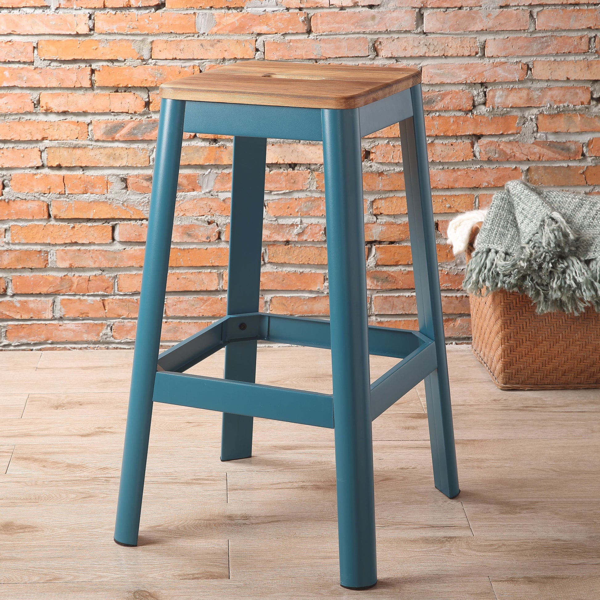 Natural And Teal Armless Bar Stool With Crossbar Support Solid Natural Dining Room Farmhouse Bar Stools Pine 1 Wood Metal