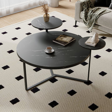 Modern Coffee Table With Two Display Shelves, Black Faux Marble Surfaces, Tripod Inspired Base,Rounded Tabletop Edges Matte Black Mdf