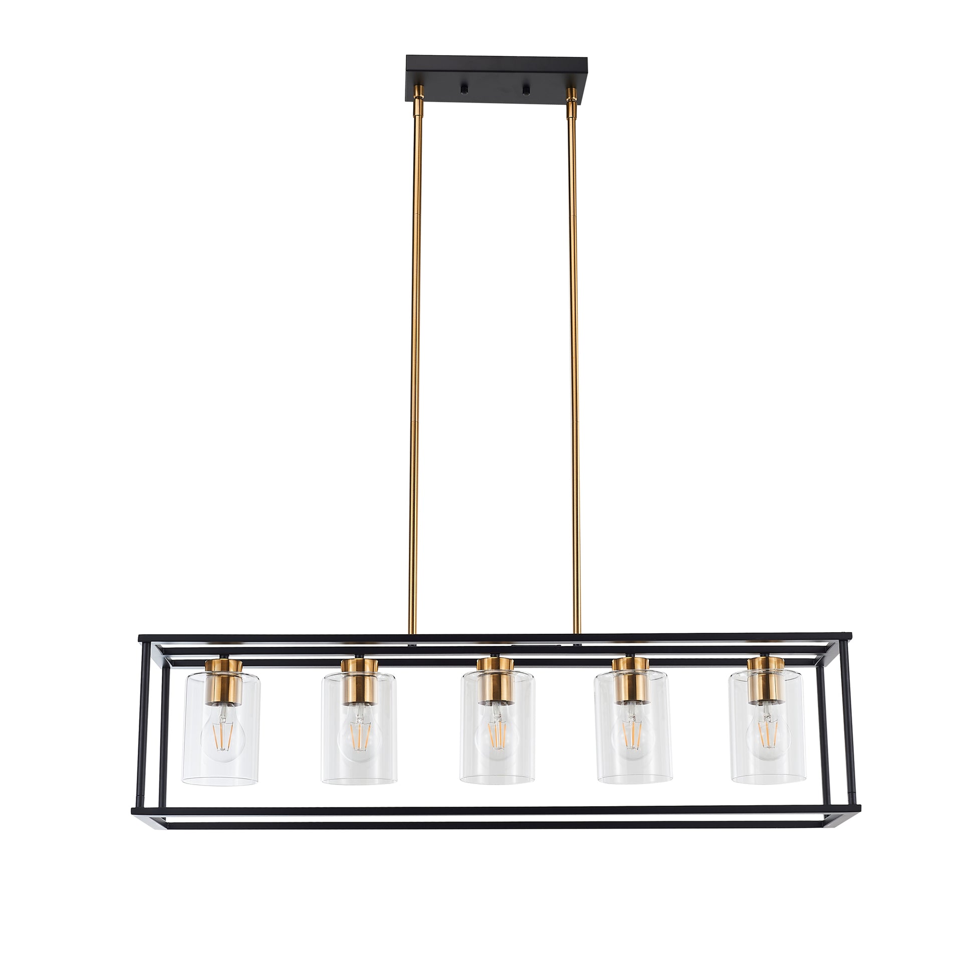 5 Lights Industrial Farmhouse Style Hanging Decorative Rectangle Pendant Lights, Black Antique Brass With Clear Glass Shade, Dining Room Kitchen Island Chandelier Antique Brass,Matte Black Ceiling