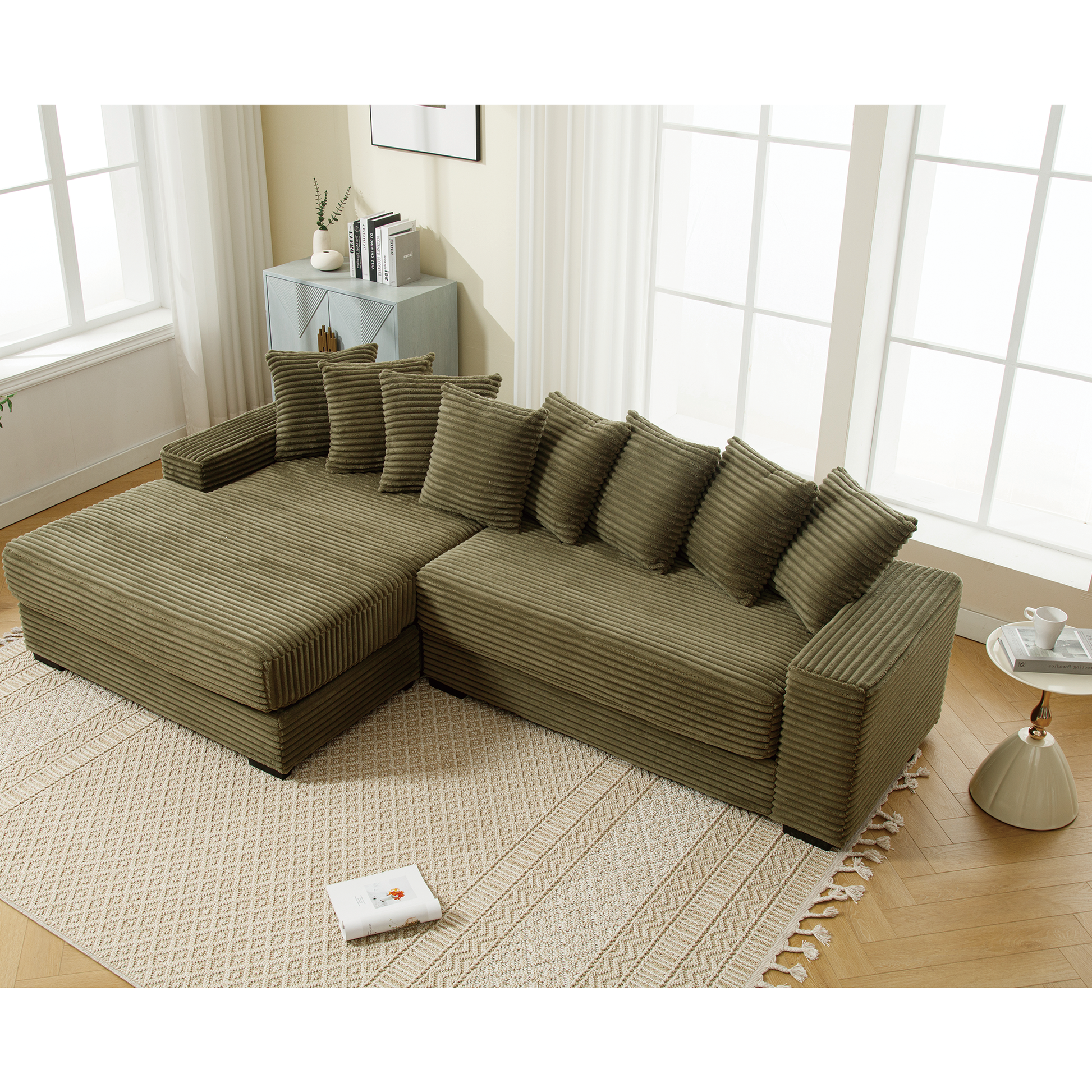 Arrived Oversized Two Piece Couches, L Shaped Sofa, Corduroy, Left Chaise Daybed,With Armrests,Eight Throw Pillows,Corner Sofa,Easy To Assemble, Green Green Polyester Wood Primary Living Space Medium Soft Pillow Back Modern Square Arms Wood 3 Seat