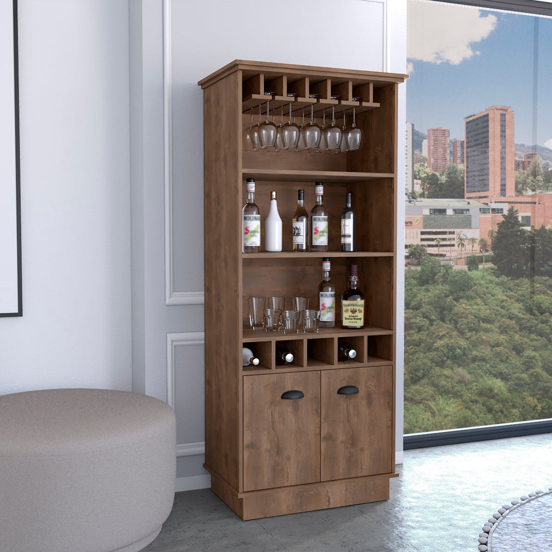 Dundee 70 Inch High 10 Glass Bar Cabinet With 5 Cubbies And 3 Open Shelves And Cabinet Dark Brown Dark Brown Kitchen Modern Particle Board