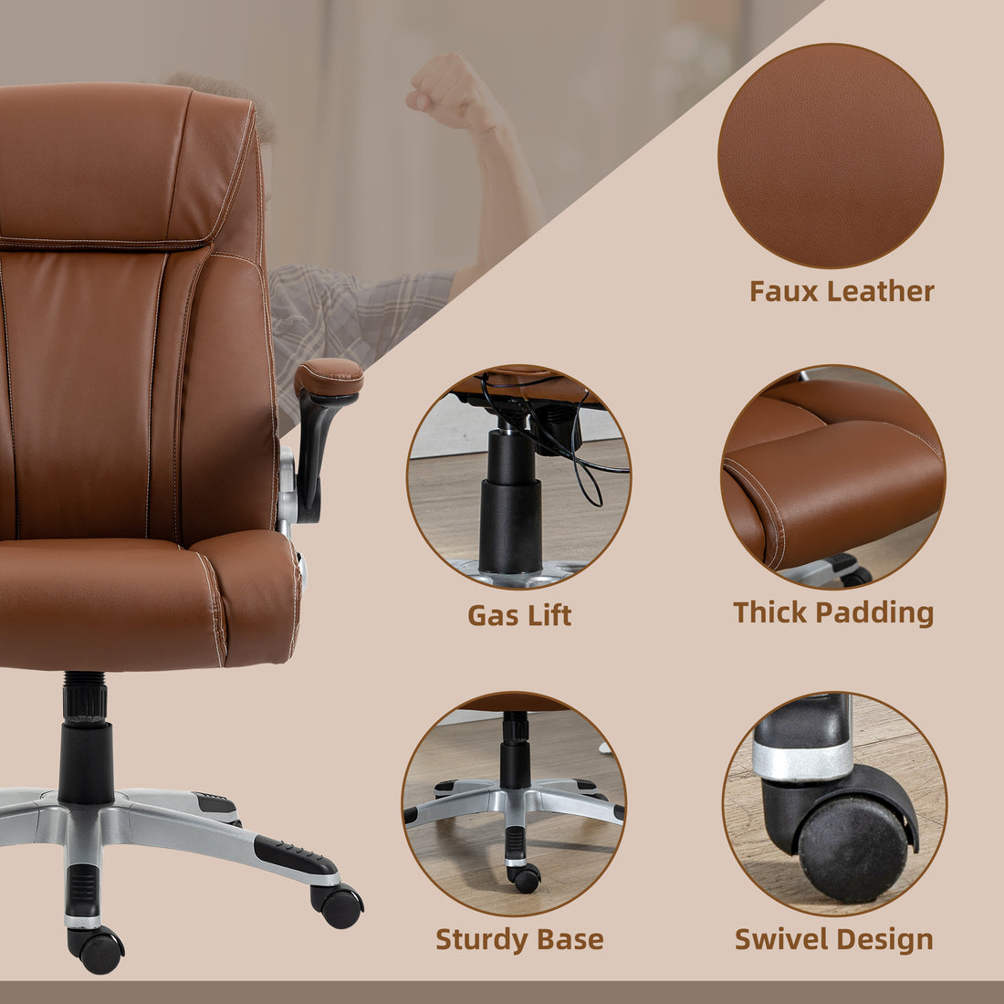 Vinsetto Executive Massage Office Chair With 6 Vibration Points, Heated Faux Leather Computer Desk Chair With Flip Up Armrest, Adjustable Height, Swivel Wheel, Brown Brown Leather