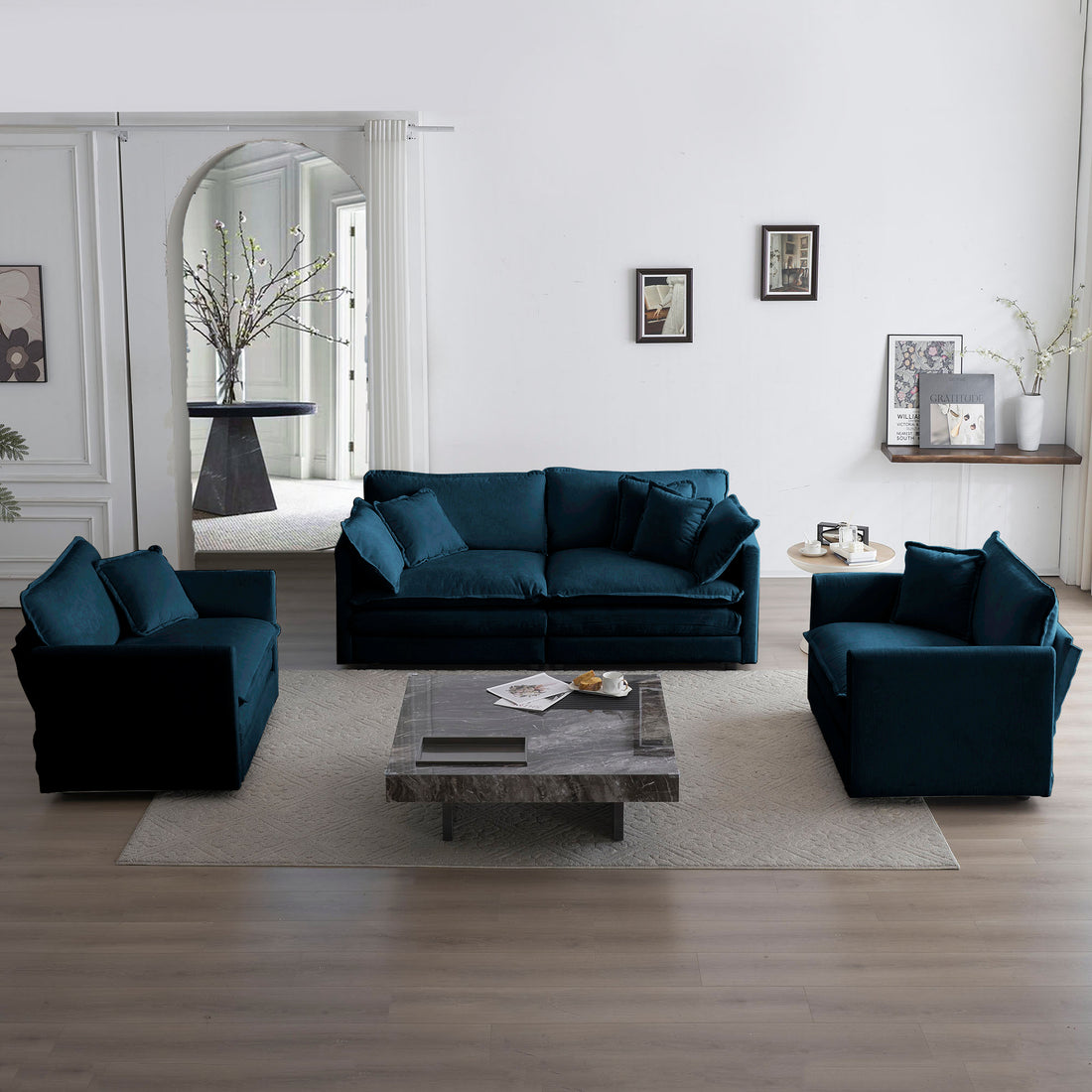 3 Piece Sofa Set With Arm Pillows And Toss Pillowssofa Set Include 2 Piece Of Arm Chair And One 2 Seat Sofa, Space Saving Casual Sofa Set For Living Room, Blue Chenille Blue Chenille 4 Seat