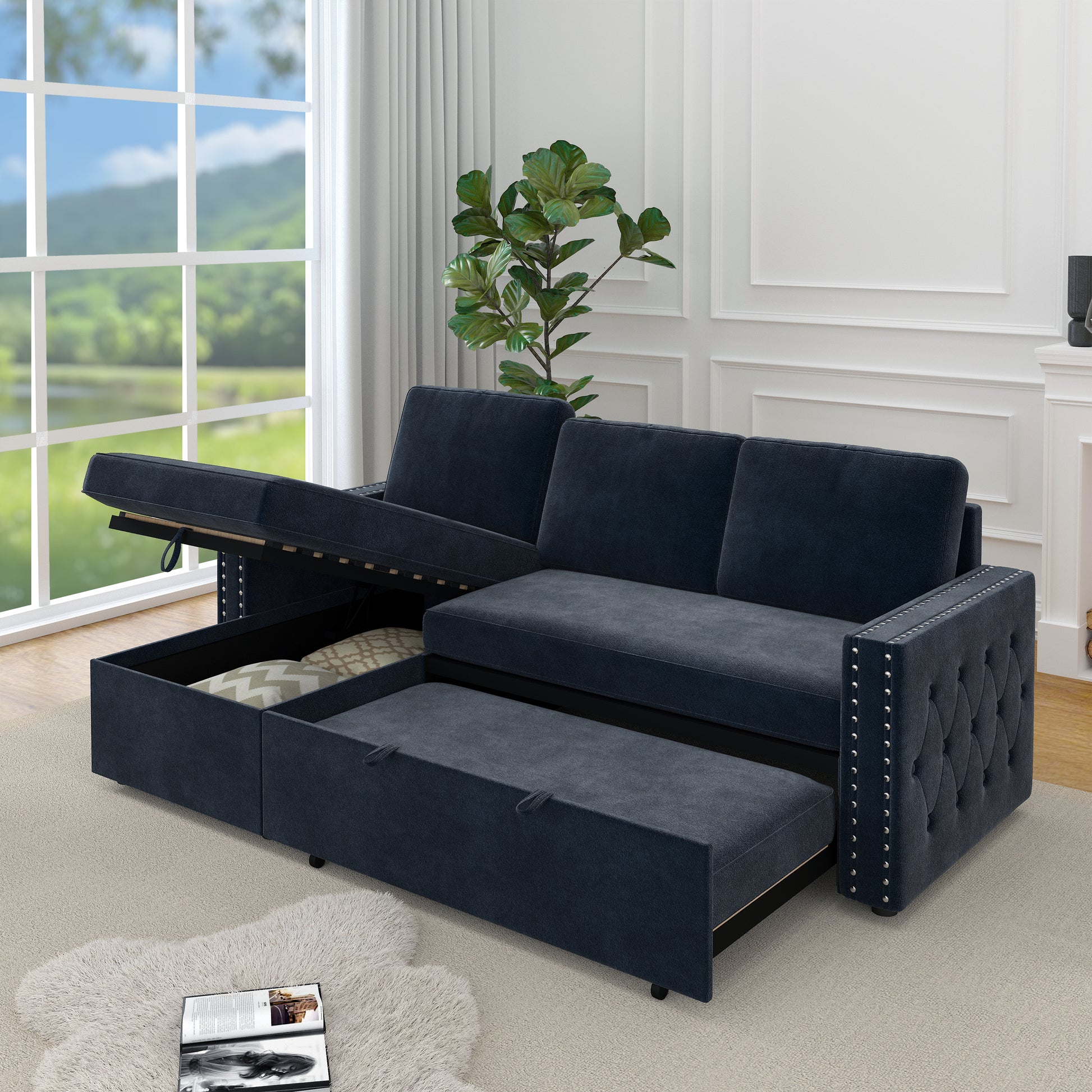 85 Inches Sofa Bed, 3 Seater Sleeper Sofa With Storage Chaise, Square Handrail With Pull And Copper Nail,Chenille, Pull Out Couch For Living Room Blue Chenille 3 Seat