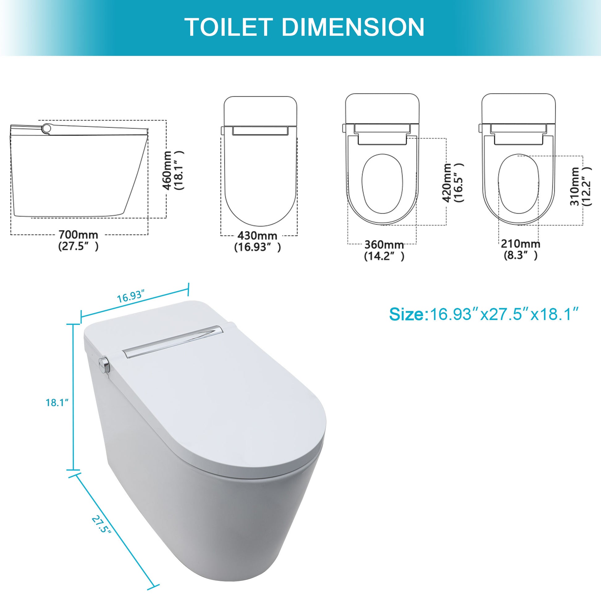 Smart Toilet With Bidet Built In, Auto Open & Close, Elongated Heated Seat, Foot Sensor Flush, Led Display, Warm Water Wash, Dryer, Night Light White Ceramic