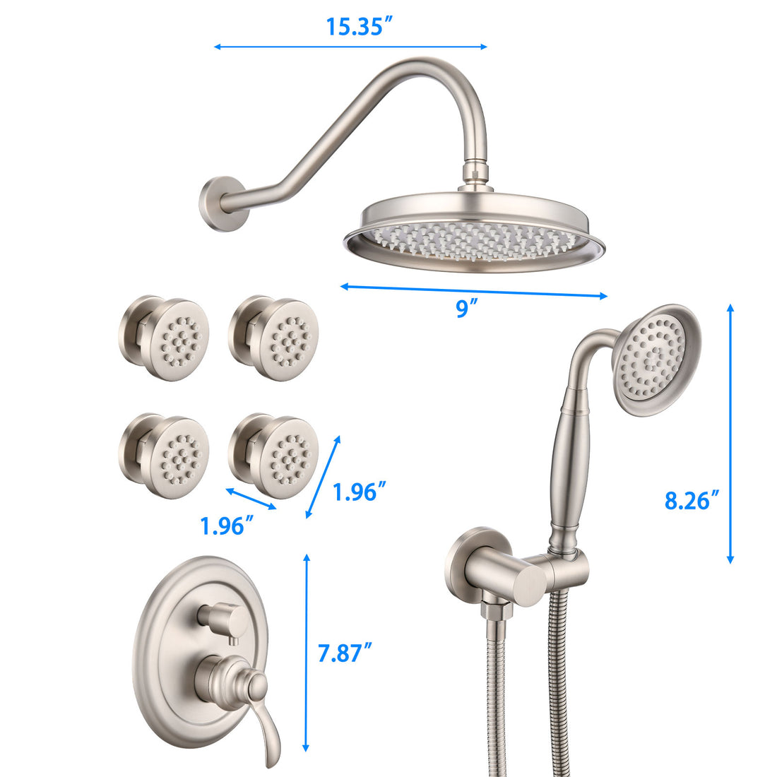 Brushed Nickel Shower System With Handheld And 4 Body Sprays Brushed Nickel Brass