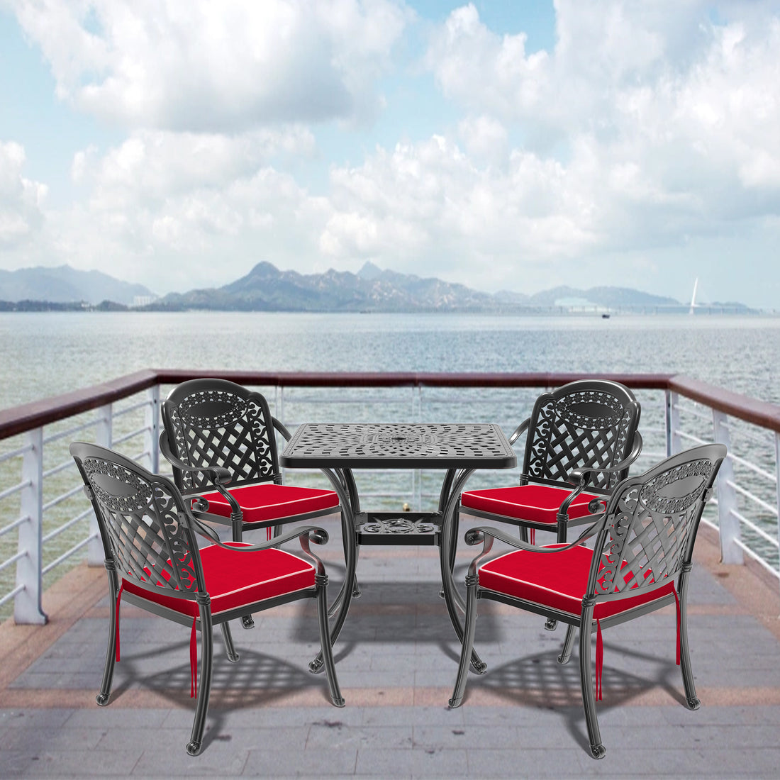 Cushions In Random Colors 5 Piece Set Of Cast Aluminum Patio Furniture With Cushions Yes Dining Set Black Seats 4 Rust Resistant Frame Water Resistant Cushion Garden & Outdoor Complete Patio Sets Aluminium