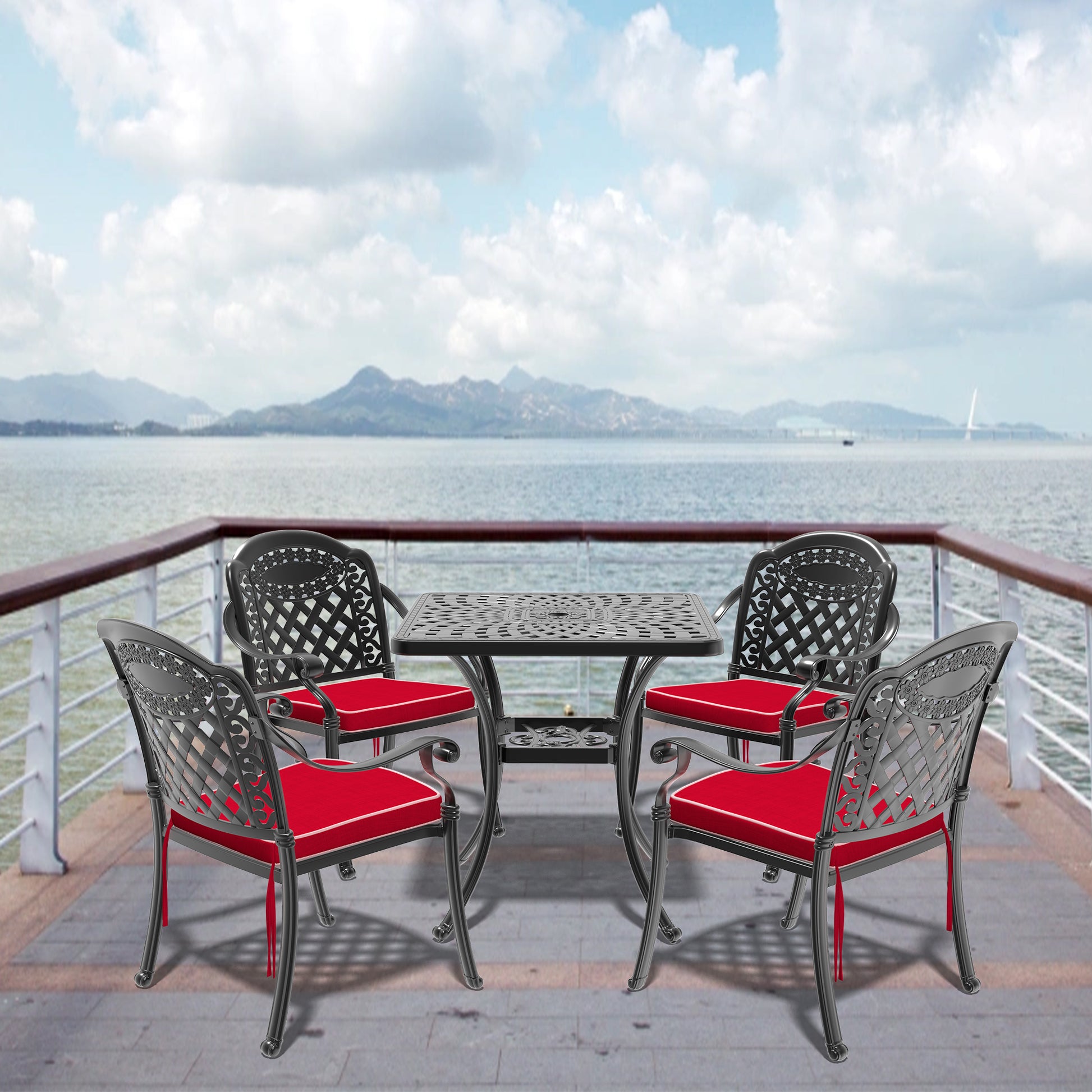 Cushions In Random Colors 5 Piece Set Of Cast Aluminum Patio Furniture With Cushions Yes Dining Set Black Seats 4 Rust Resistant Frame Water Resistant Cushion Garden & Outdoor Complete Patio Sets Aluminium