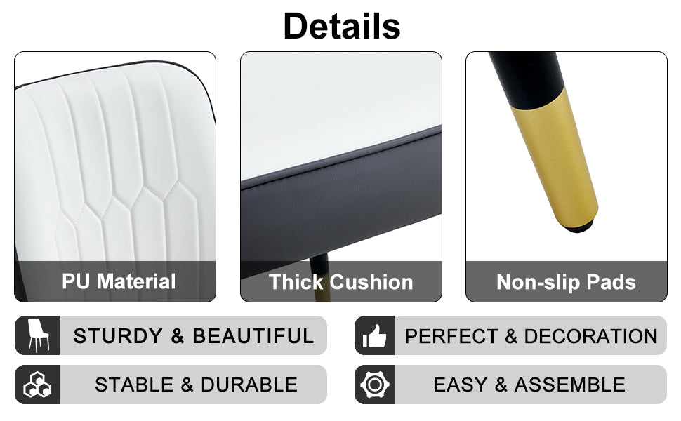 Table And Chair Set.A Morden Table With White Imitation Marble Patterned Stone Burning Tabletop With Golden Metal Legs.Paried With 4 Chairs With Pu Leather Backrest And Black Metal Legs. Black,White Gold Seats 4 Metal,Sintered Stone