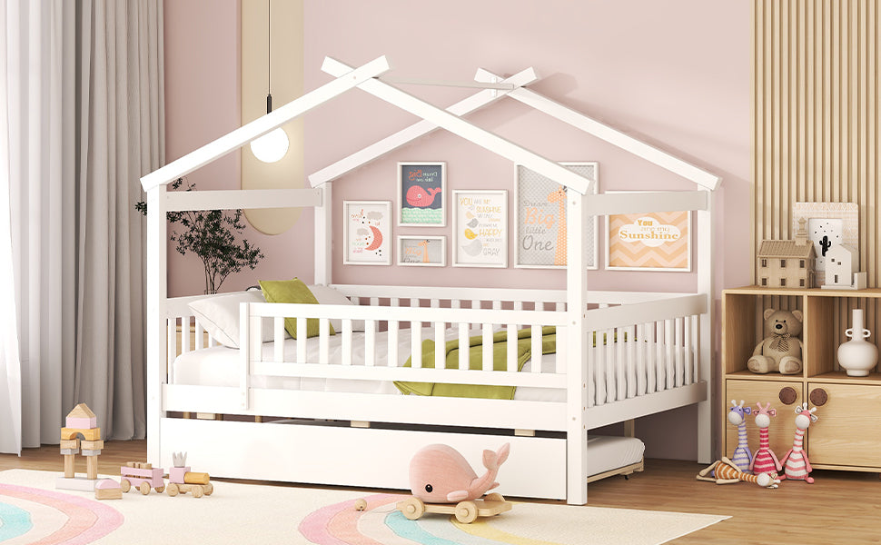 Full Size Wooden House Bed With Twin Size Trundle, White Full White Solid Wood Mdf