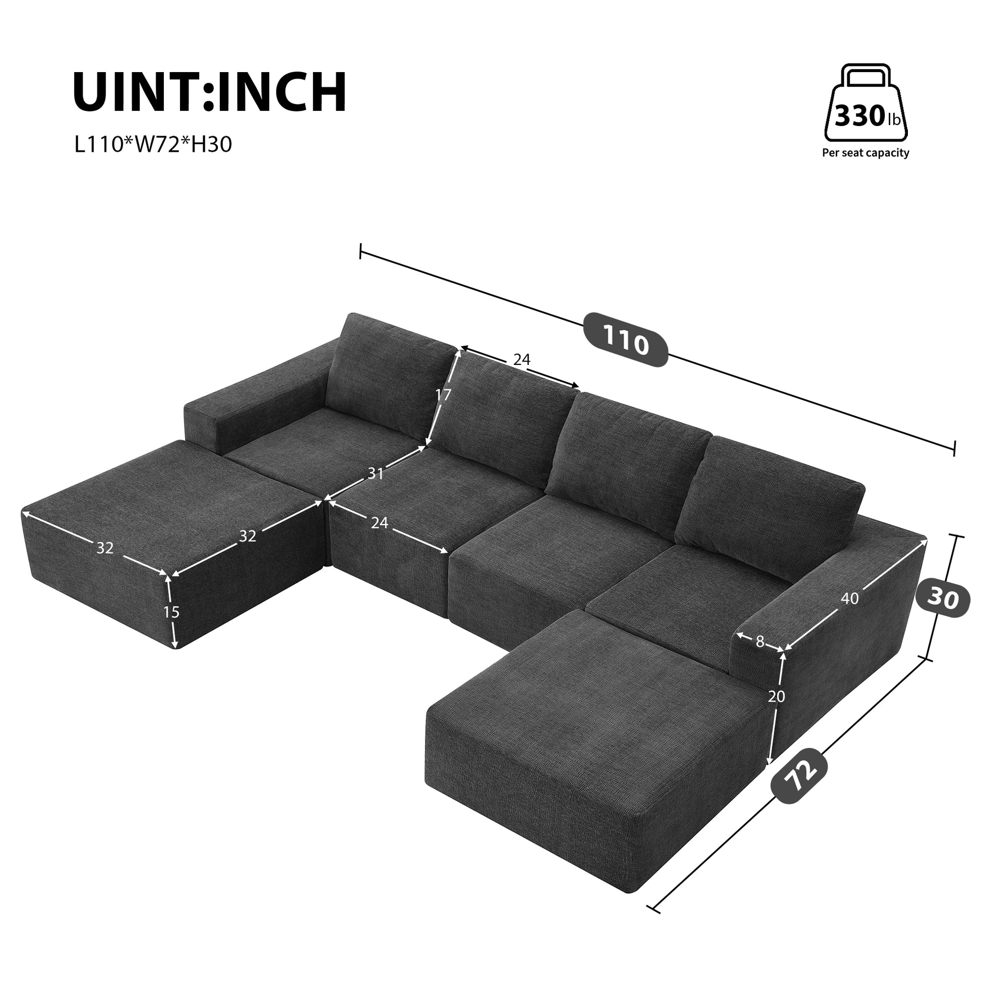 110*72" Modular U Shaped Sectional Sofa,Luxury Chenille Floor Couch Set,Upholstered Indoor Furniture,Foam Filled Sleeper Sofa Bed For Living Room,Bedroom,Free Combination,3 Colors Dark Gray Polyester 6 Seat