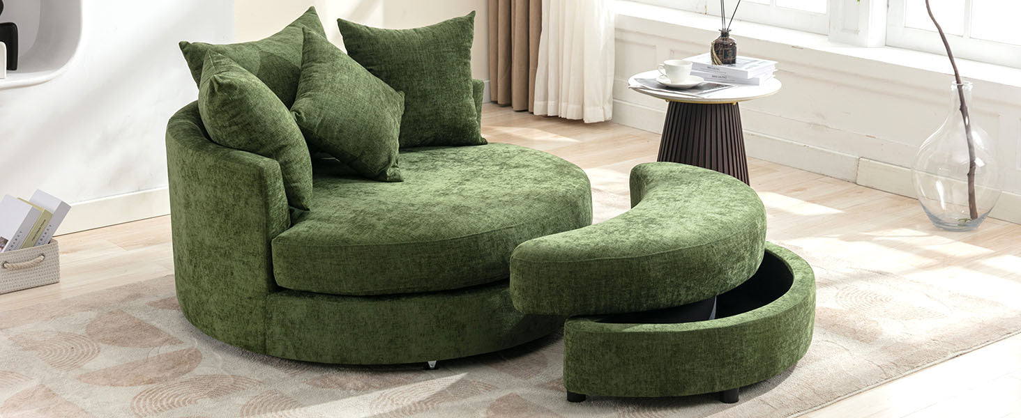 Orisfur. 360 Swivel Accent Barrel Chair With Storage Ottoman & 4 Pillows, Modern Chenille Leisure Chair Round Accent For Living Room, Green Green Foam Chenille