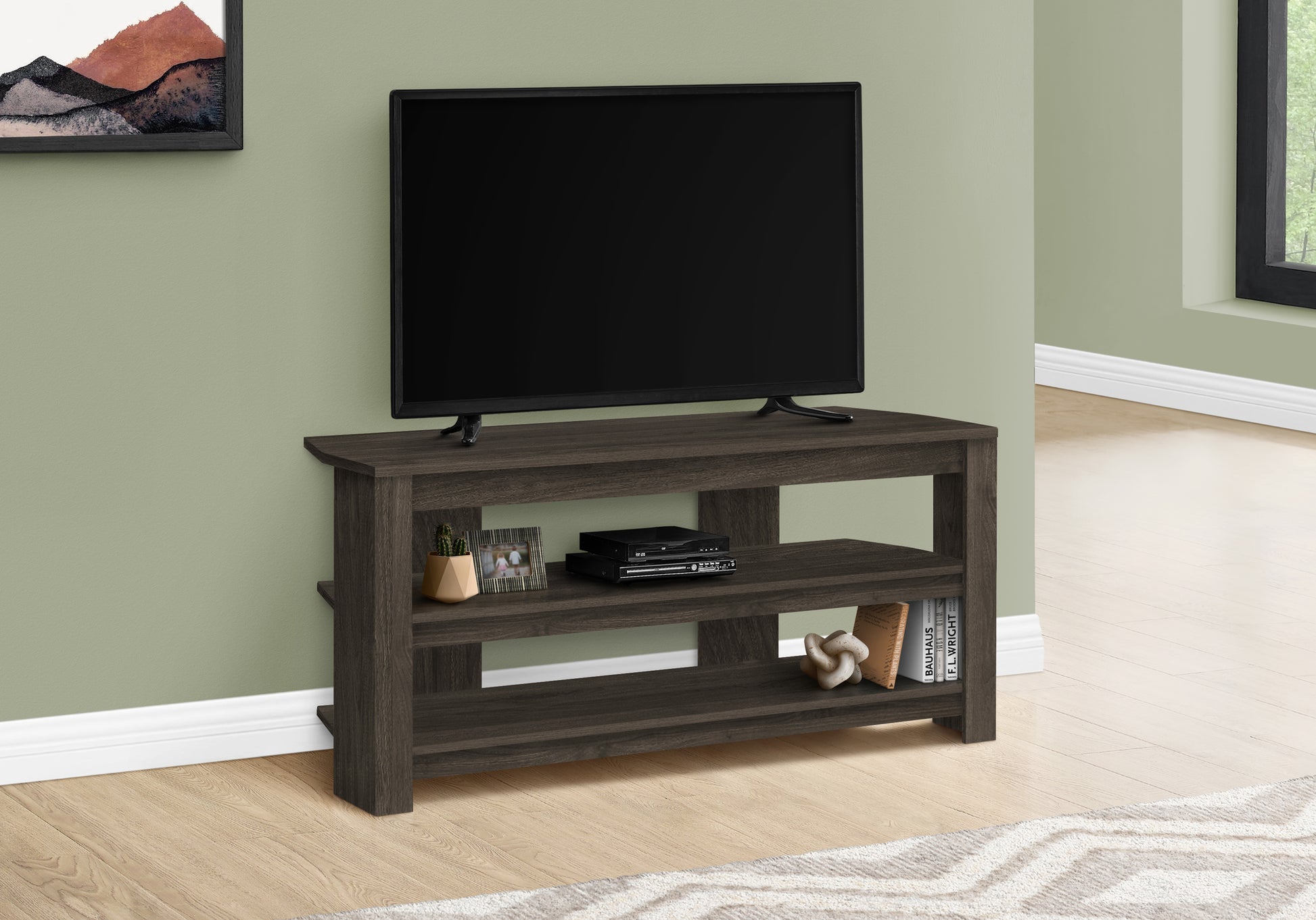 Tv Stand, 42 Inch, Console, Media Entertainment Center, Storage Shelves, Living Room, Bedroom, Brown Laminate, Contemporary, Modern Oak 40 49 Inches Particle Board