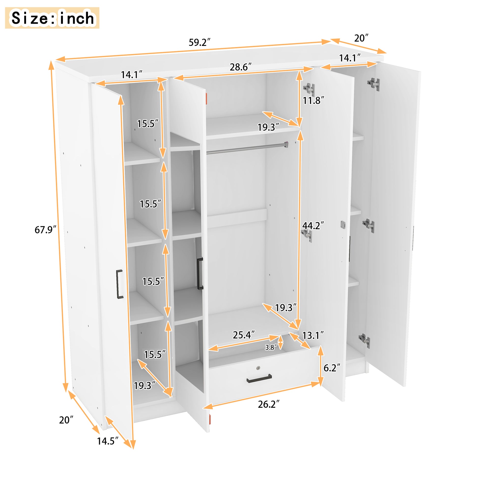 4 Door Mirror Wardrobe With Shelves, White White Plywood