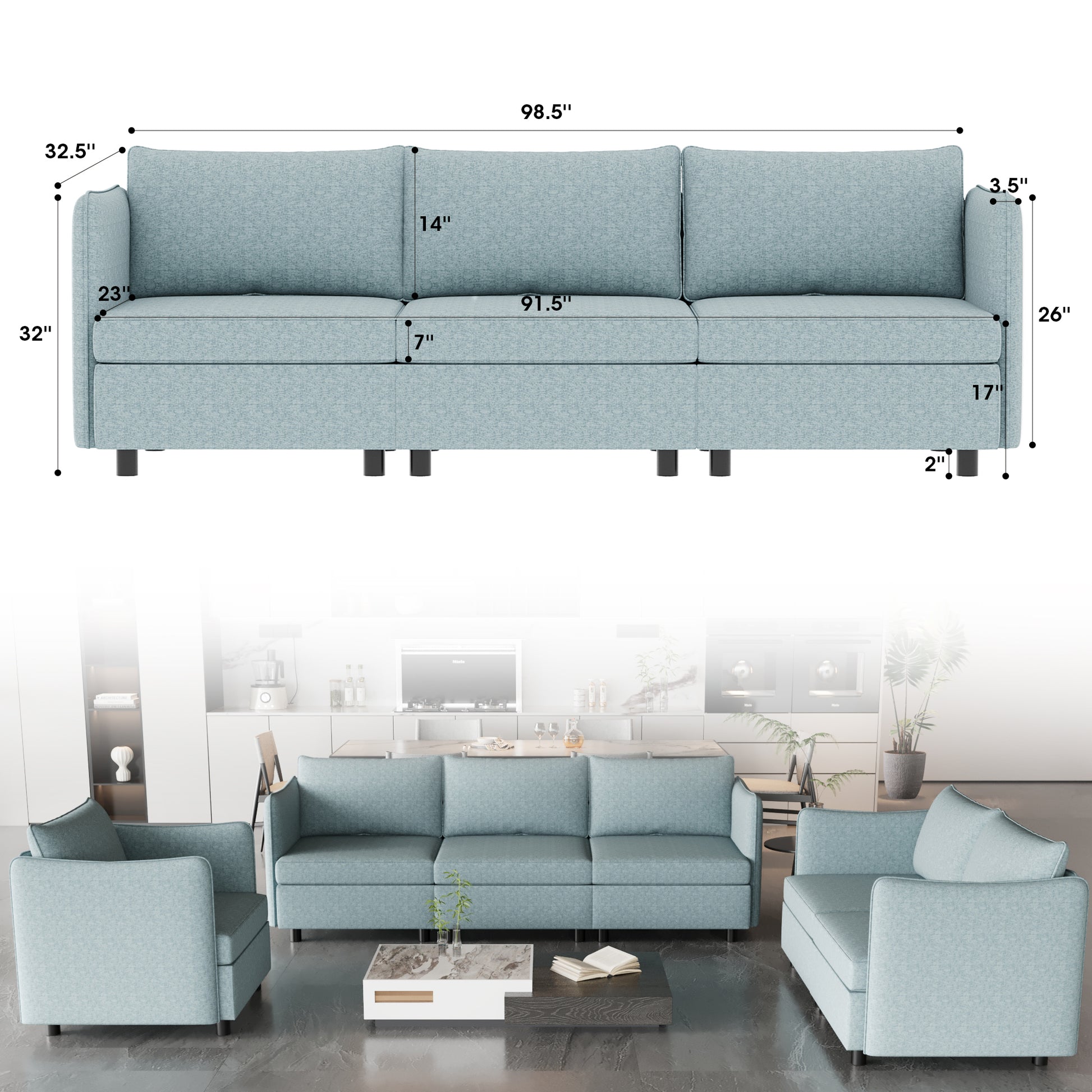 Modular Sectional Sofa, Convertible Sofa Seat With Storage, Sets Including Three Seater Sofa & Couches,Loveseat And Single Chair 1 2 3 Seat For Living Room Antique Blue Fabric 6 Seat