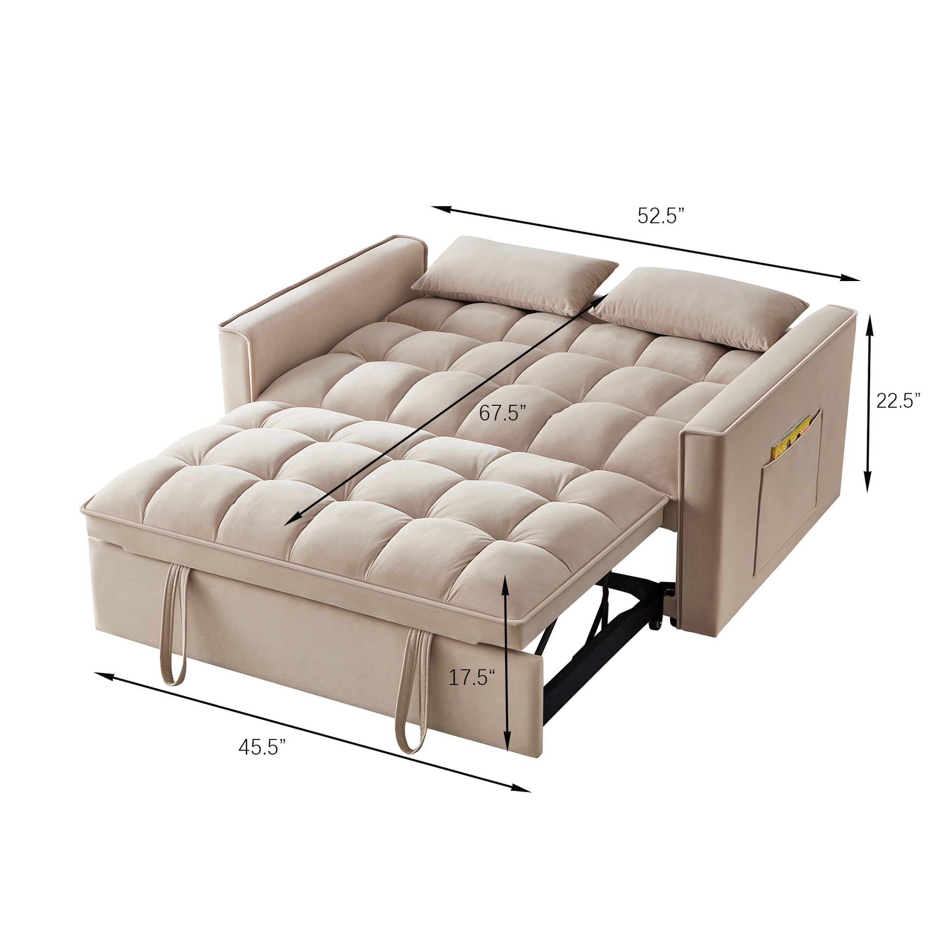 4 In1 Loveseat Sofa Bed With Armrests & Storage Pockets, Multi Function Tufted Pull Out Sofa Bed With Adjustable Backrest And Pillows, Convertible Loveseat Sofa Couch,Taupe Taupe Velvet Primary Living Space Medium Soft Tufted Back American