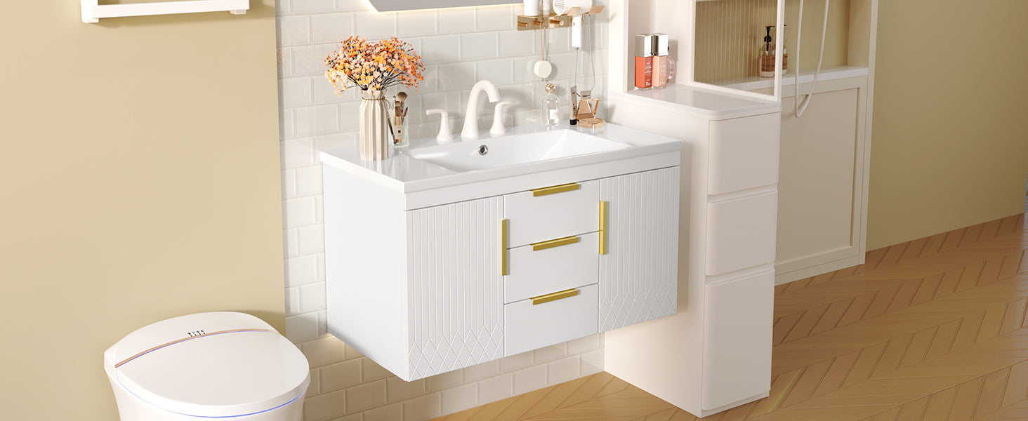 36'' Wall Mounted Bathroom Vanity With Resin Sink, Floating Bathroom Storage Cabinet With 2 Drawers, Solid Wood Bathroom Cabinet White Bathroom Modern Mdf