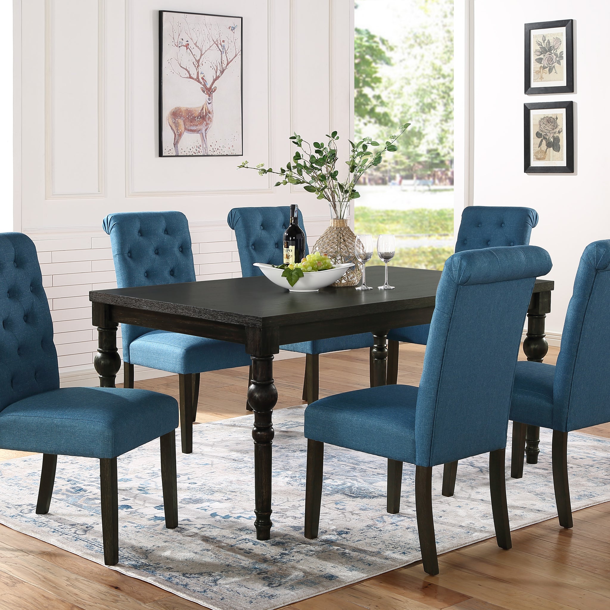 Leviton Urban Style Wood Dark Wash Turned Leg Dining Set: Table And 6 Chairs Wood Black Seats 6 Wood Dining Room Fixed Table Rubberwood Rectangular 4 Leg Rectangular Dining Table With Chair Mdf