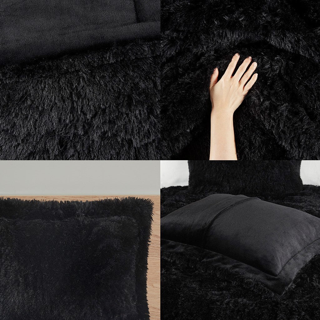 Shaggy Long Fur Comforter Mini Set Queen Black Polyester