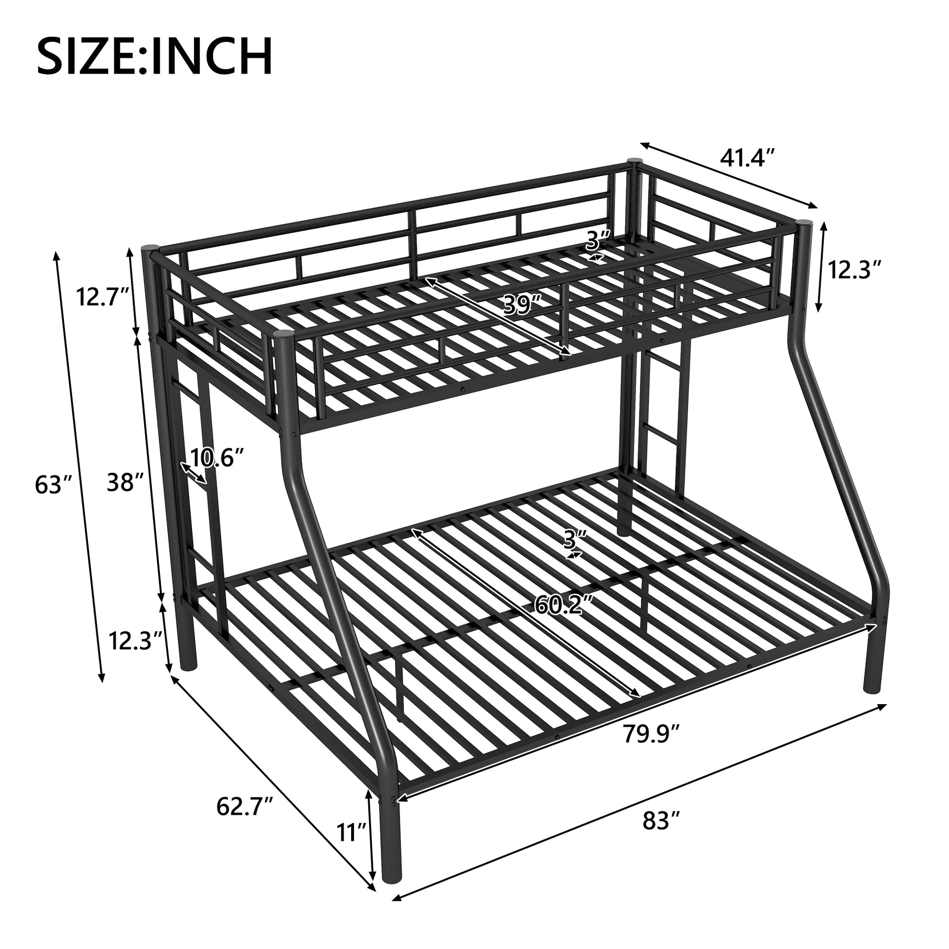Twin Xl Over Queen Metal Bunk Bed With Ladder And Guardrails, Black Box Spring Not Required Twin Xl Black Metal Metal