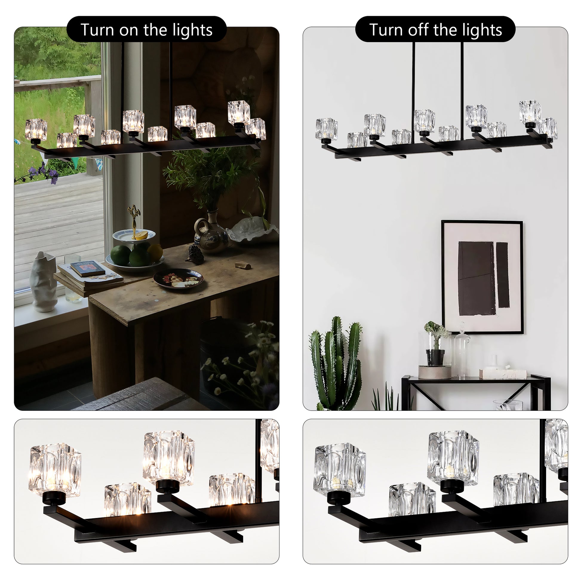 Chandelier For Dining Room, 10 Light Black Farmhouse Linear Pendant Light Fixture, Modern Crystal Hanging Lighting Chandelier For Kitchen Island, Bar, Long Table, G9 Bulb 10*G9*Max 40W Matte Black