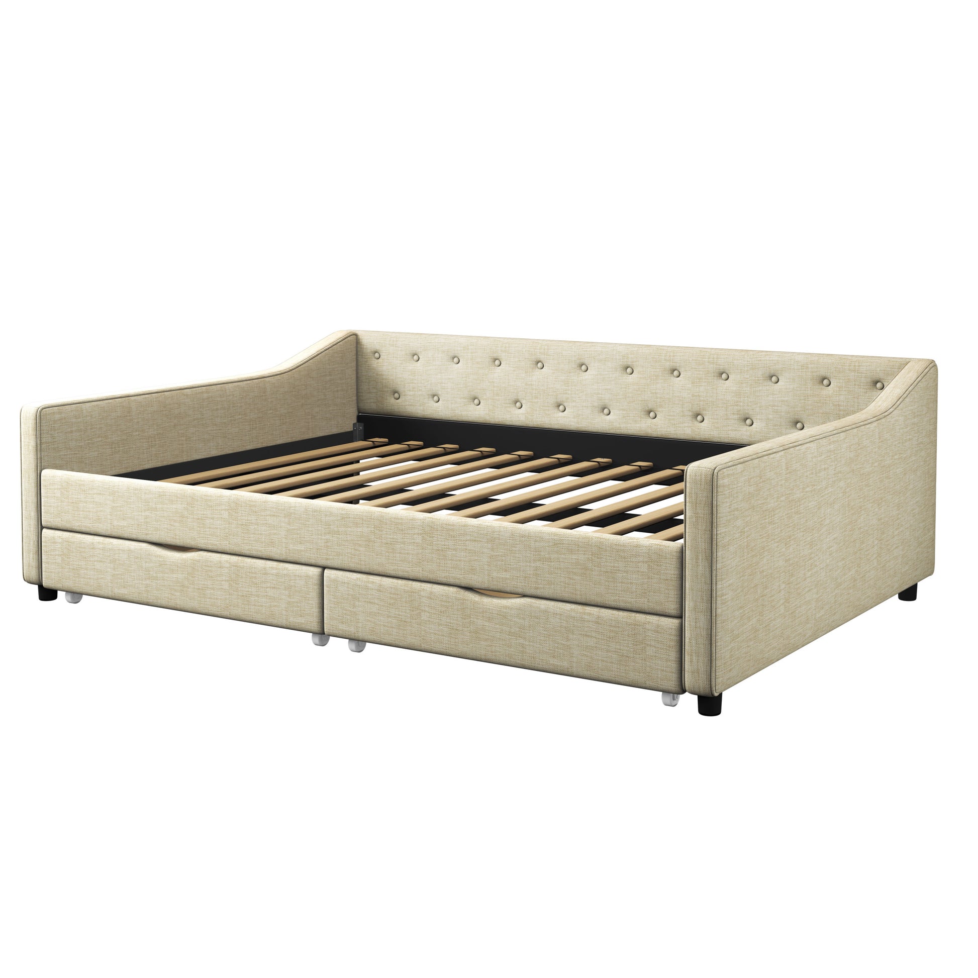 Full Size Daybed With Drawers Upholstered Tufted Sofa Bed, With Button On Back And Piping On Waved Shape Arms Beige Full Beige Wood Fabric