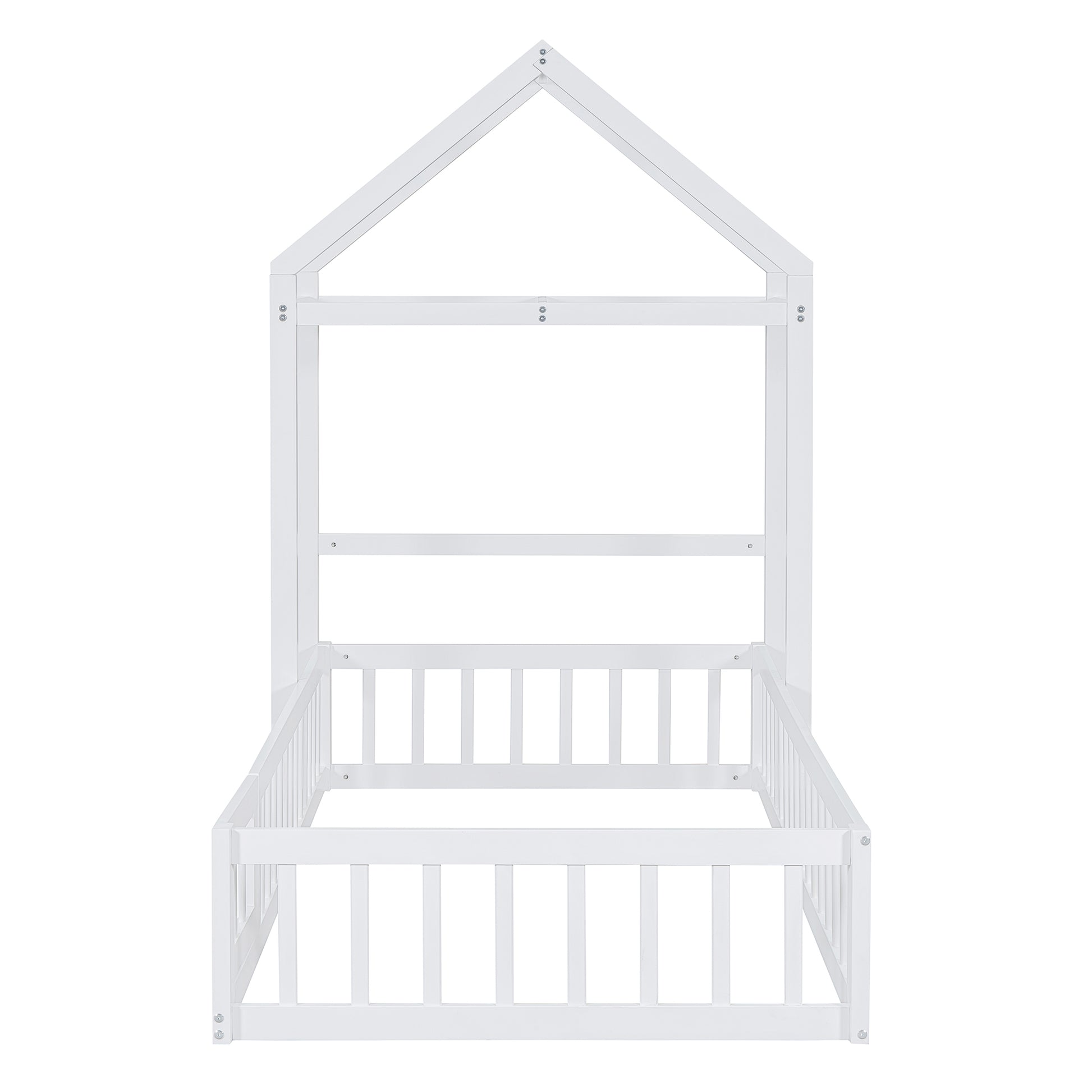 Wooden Floor Bed With Fence Railings And Detachable House Shape Headboard, Twin Size Bed With Kids Dress Up Rack, Kids Montessori Style Playhouse Frame For Girls Boys, White Twin White Wood