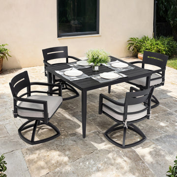 5 Piece Outdoor Patio Aluminum Furniture, Modern Dining Set, Including 4 Swivel Rockers Sunbrella Fabric Cushioned And 40" Square Dining Table With Umbrella Hole, Ember Black Yes Dining Set Ember