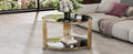 Modern Black Mirror Coffee Table, Asymmetrical Metal, Circular Metal Drum Base, Gold Finish & Lower Shelf Black Tempered Glass