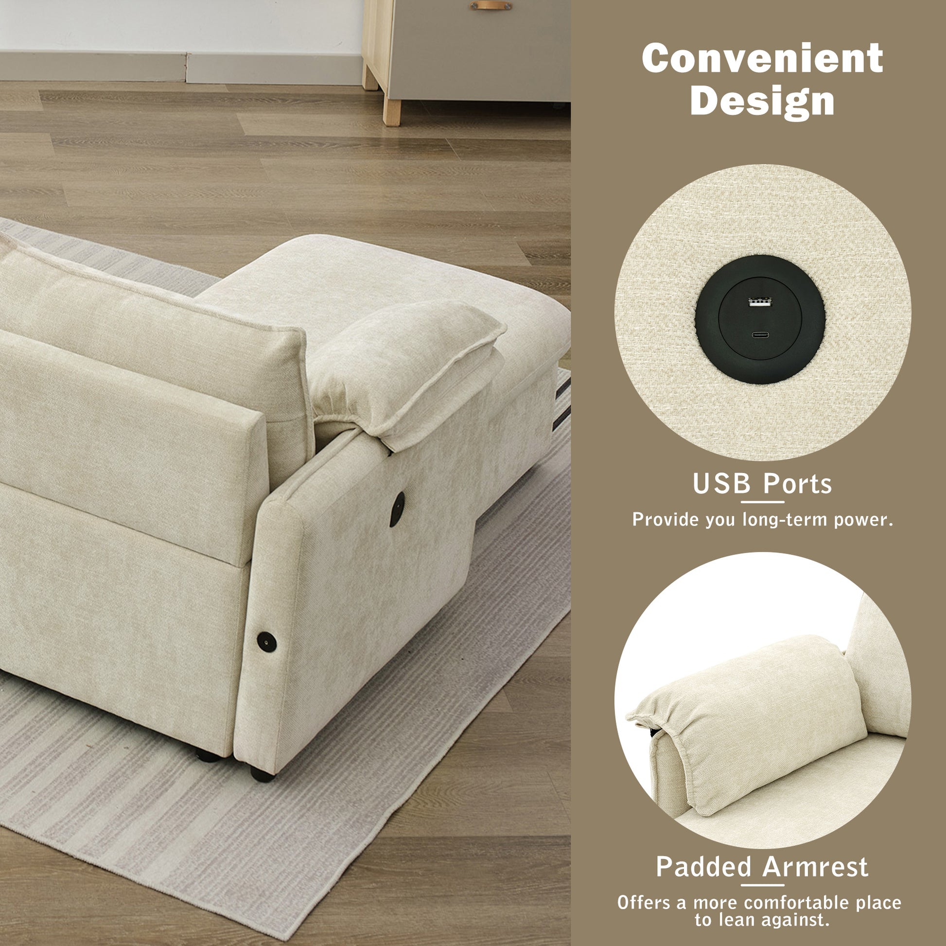 146.9" L Shaped Sofa Sectional Sofa Couch Pull Out Sofa Bed With A Movable Storage Ottoman, A Storage Chaise Lounge And Two Usb Ports For Living Room, Beige Beige Foam Linen 5 Seat